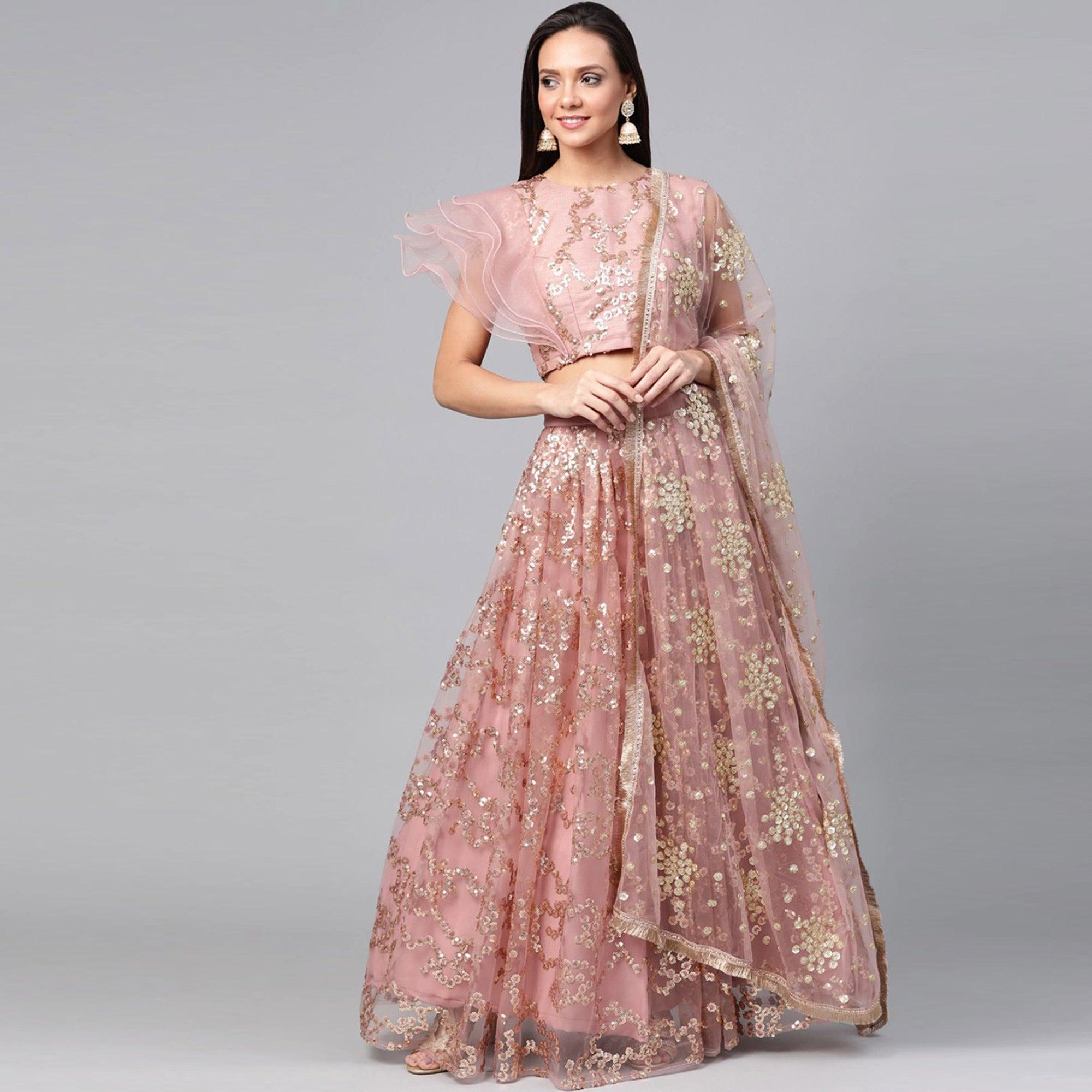 Light Green Designer Wedding Wear Thread Zari Work Soft Net Lehenga Choli - Peachmode