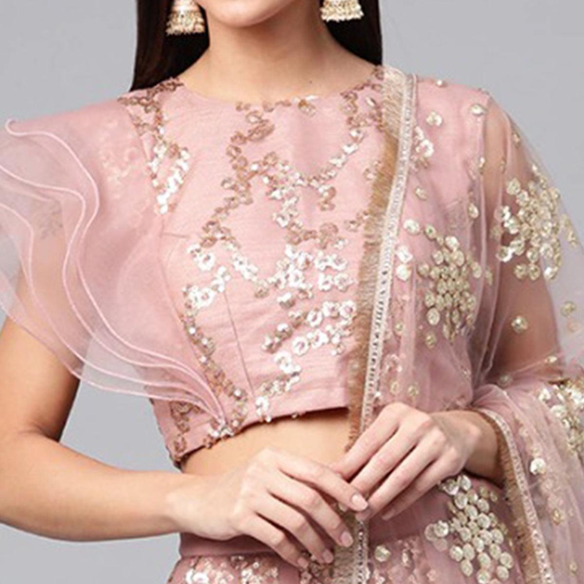 Light Green Designer Wedding Wear Thread Zari Work Soft Net Lehenga Choli - Peachmode
