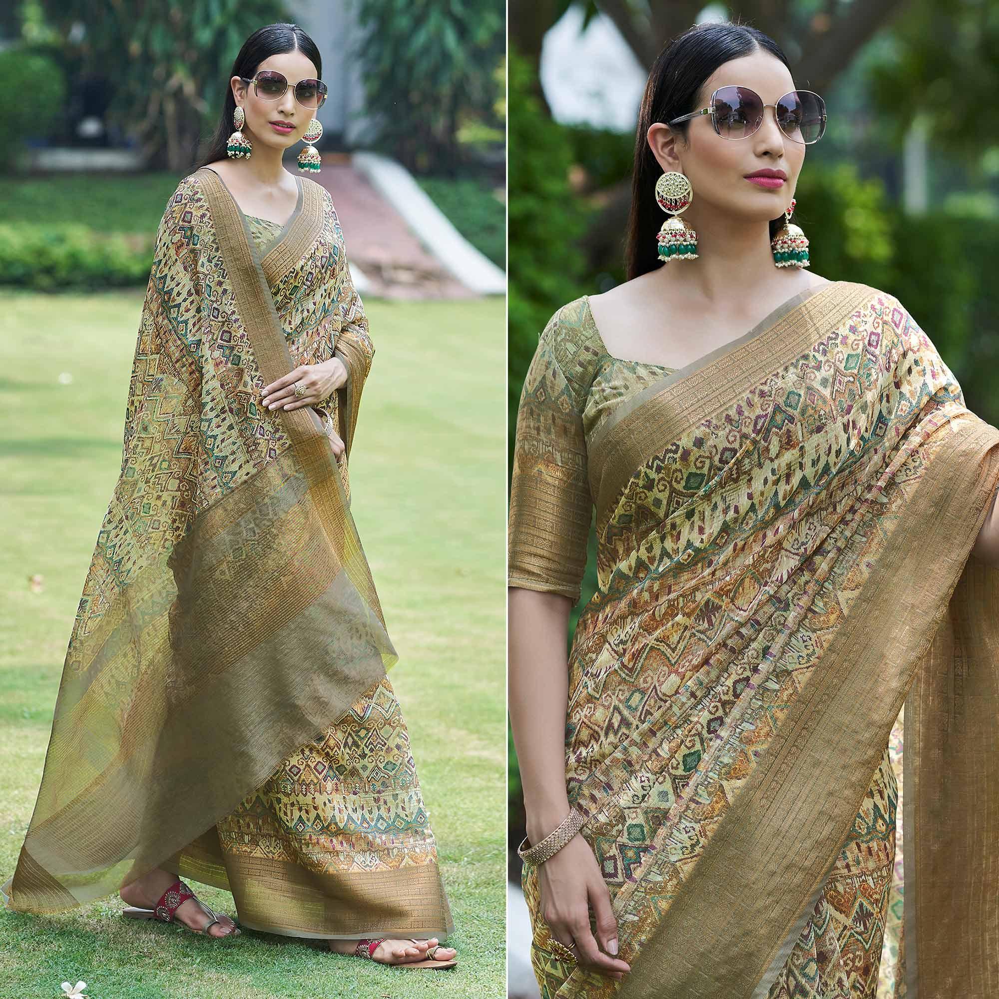 Light Green Digital Printed Linen Saree - Peachmode