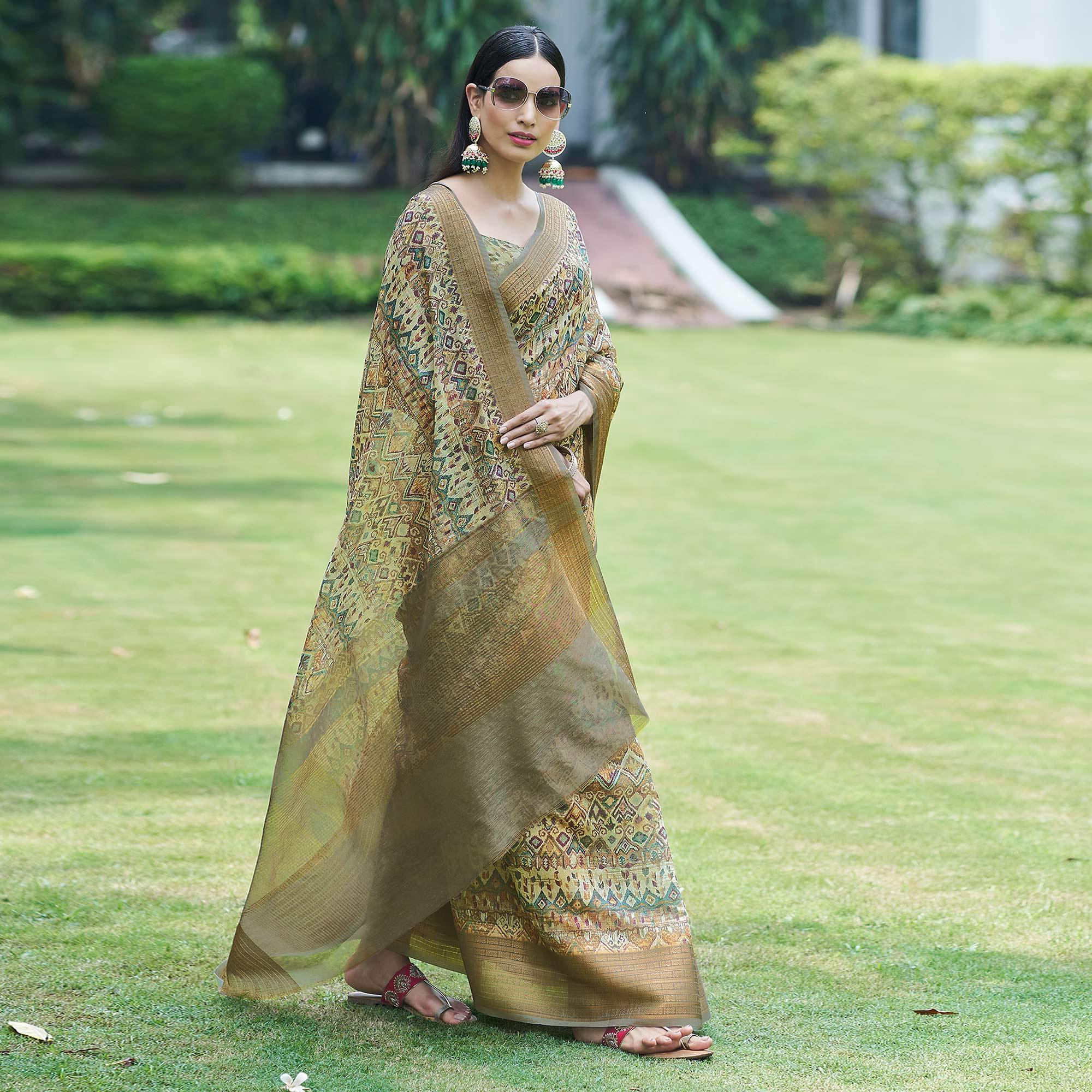 Light Green Digital Printed Linen Saree - Peachmode