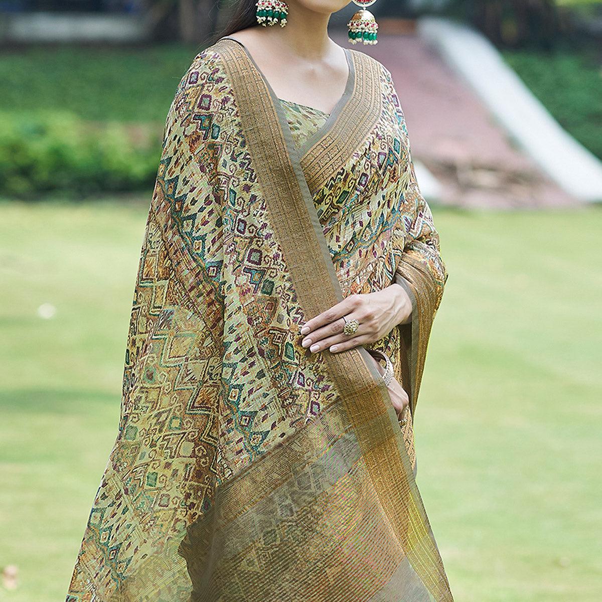 Light Green Digital Printed Linen Saree - Peachmode