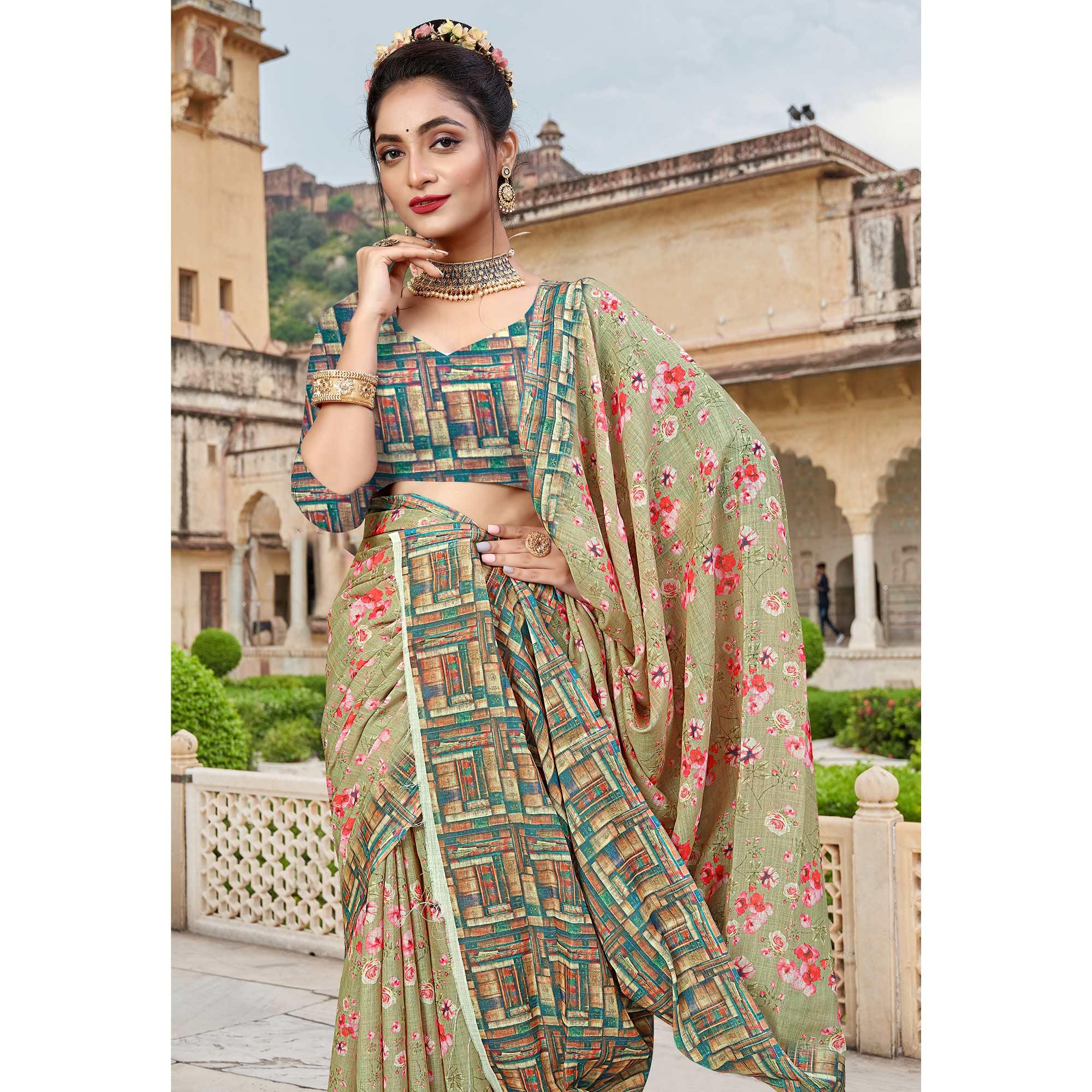 Light Green Digital Printed Linen Saree - Peachmode