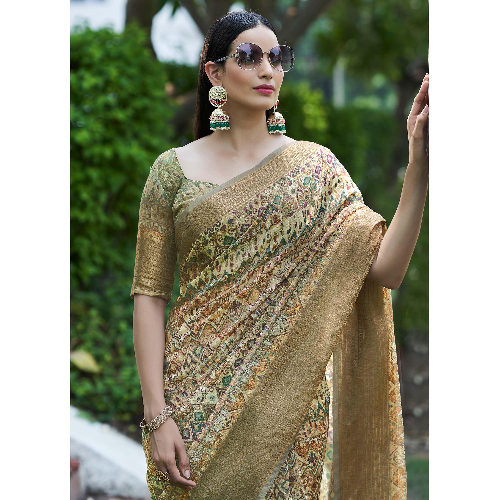 Light Green Digital Printed Linen Saree - Peachmode