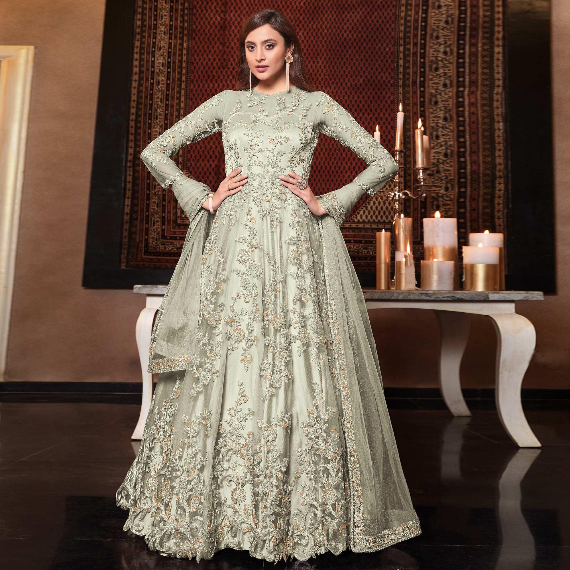 Light Green Embellished With Embroidered Net Anarkali Suit - Peachmode