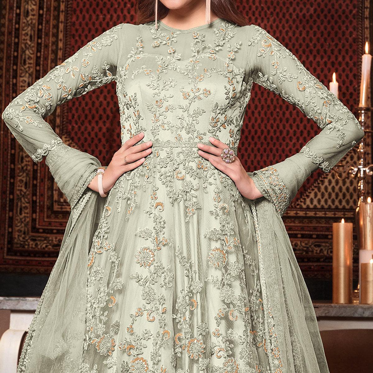 Light Green Embellished With Embroidered Net Anarkali Suit - Peachmode