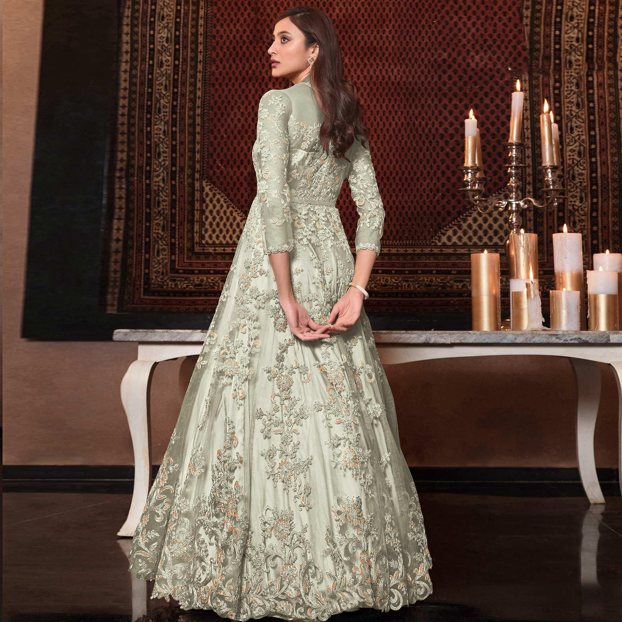 Light Green Embellished With Embroidered Net Anarkali Suit - Peachmode