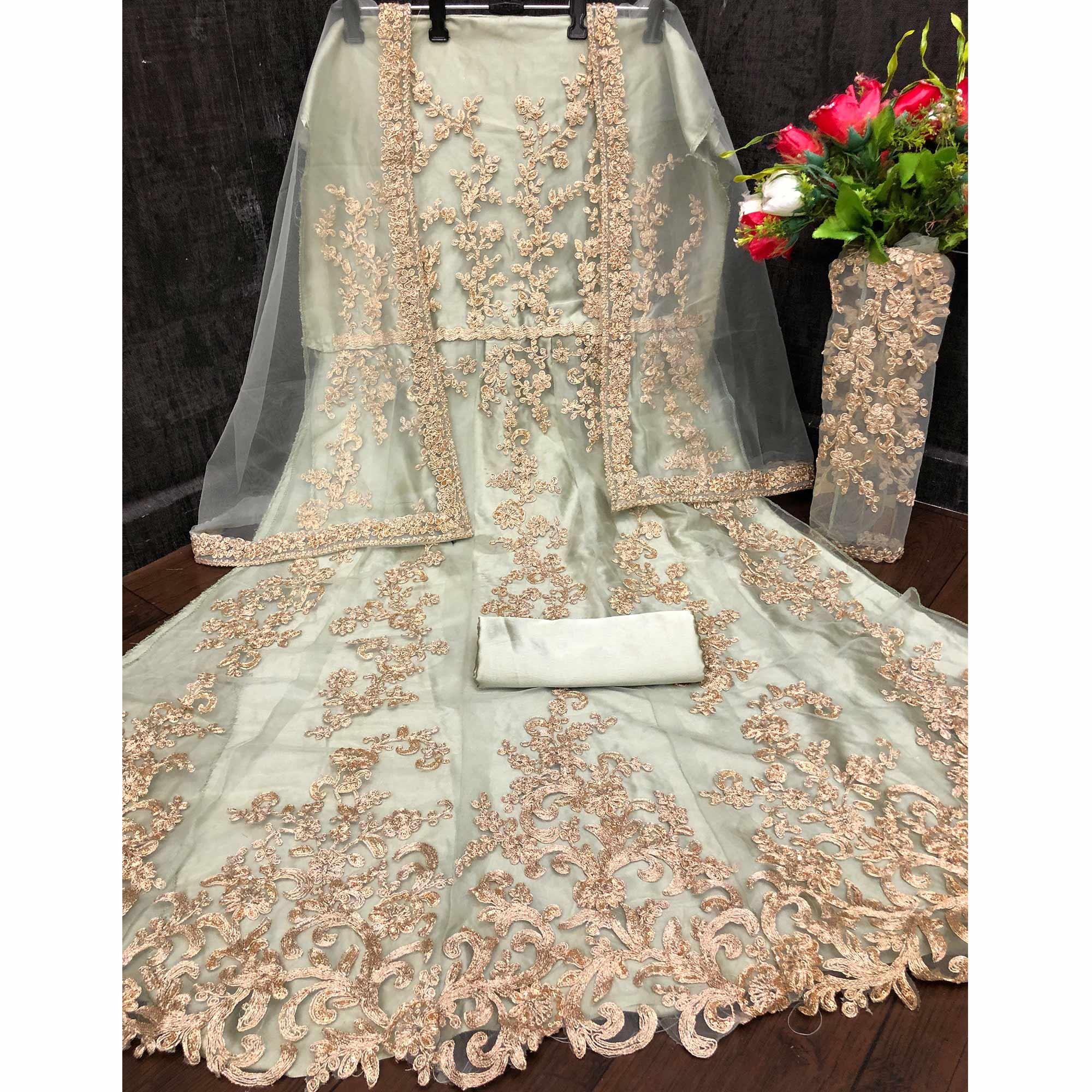 Light Green Embellished With Embroidered Net Anarkali Suit - Peachmode