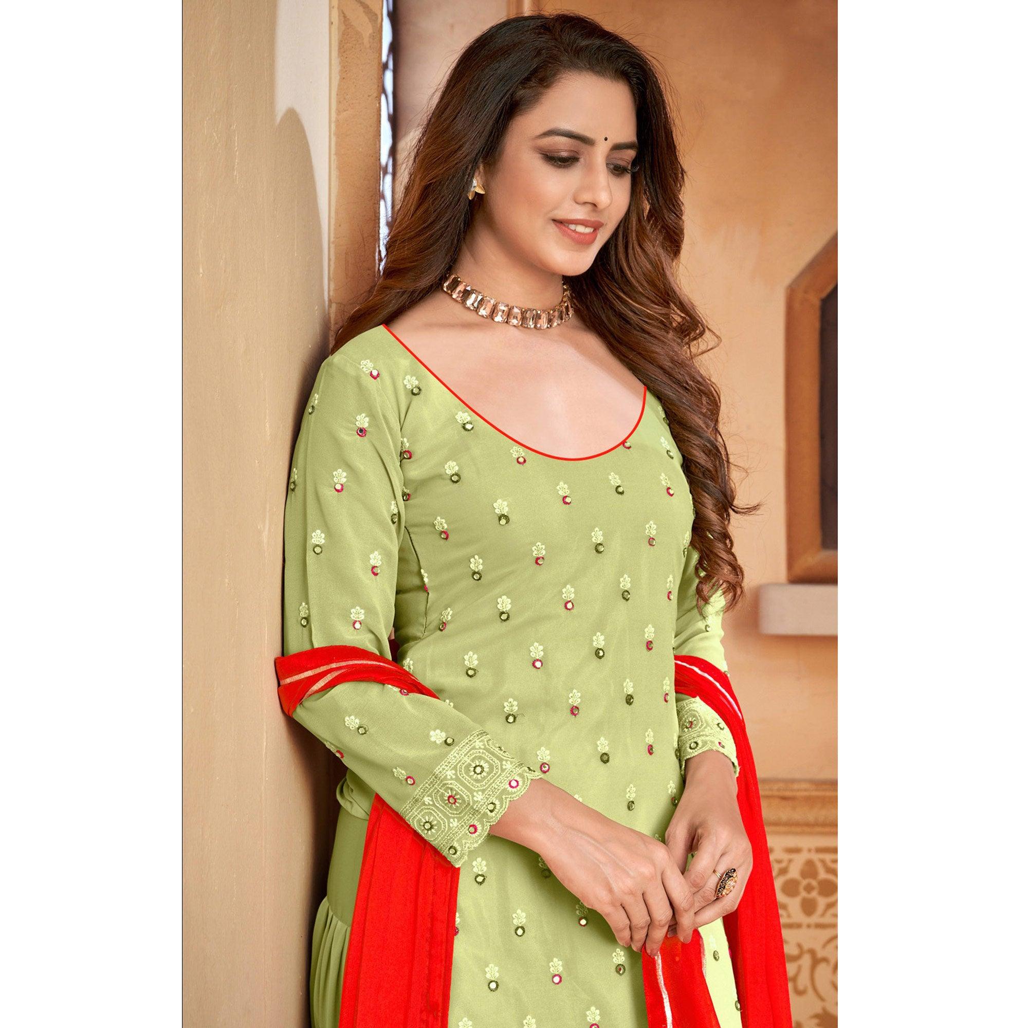 Light Green Embroidered Faux Georgette Partywear Patiyala Suit - Peachmode