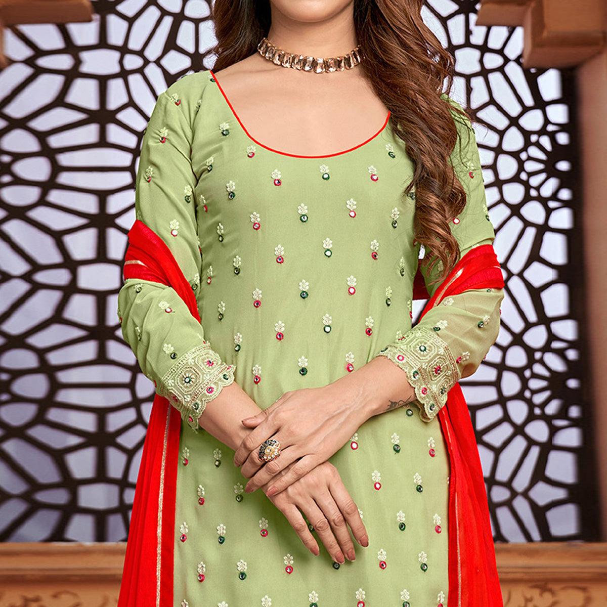 Light Green Embroidered Faux Georgette Partywear Patiyala Suit - Peachmode