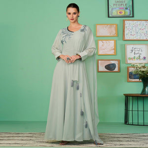 Light Green Embroidered Georgette Gown - Peachmode