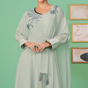 Light Green Embroidered Georgette Gown - Peachmode