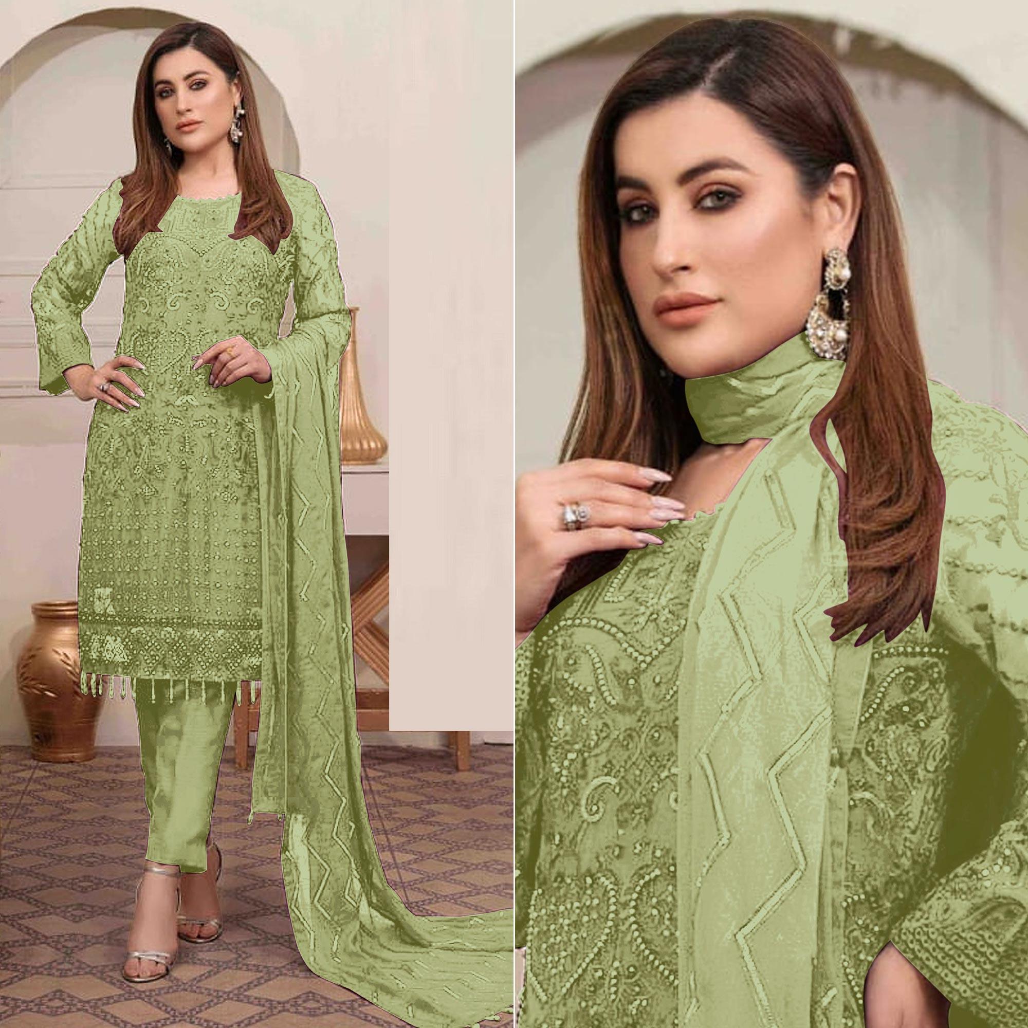 Light Green Embroidered Georgette Pakistani Suit - Peachmode