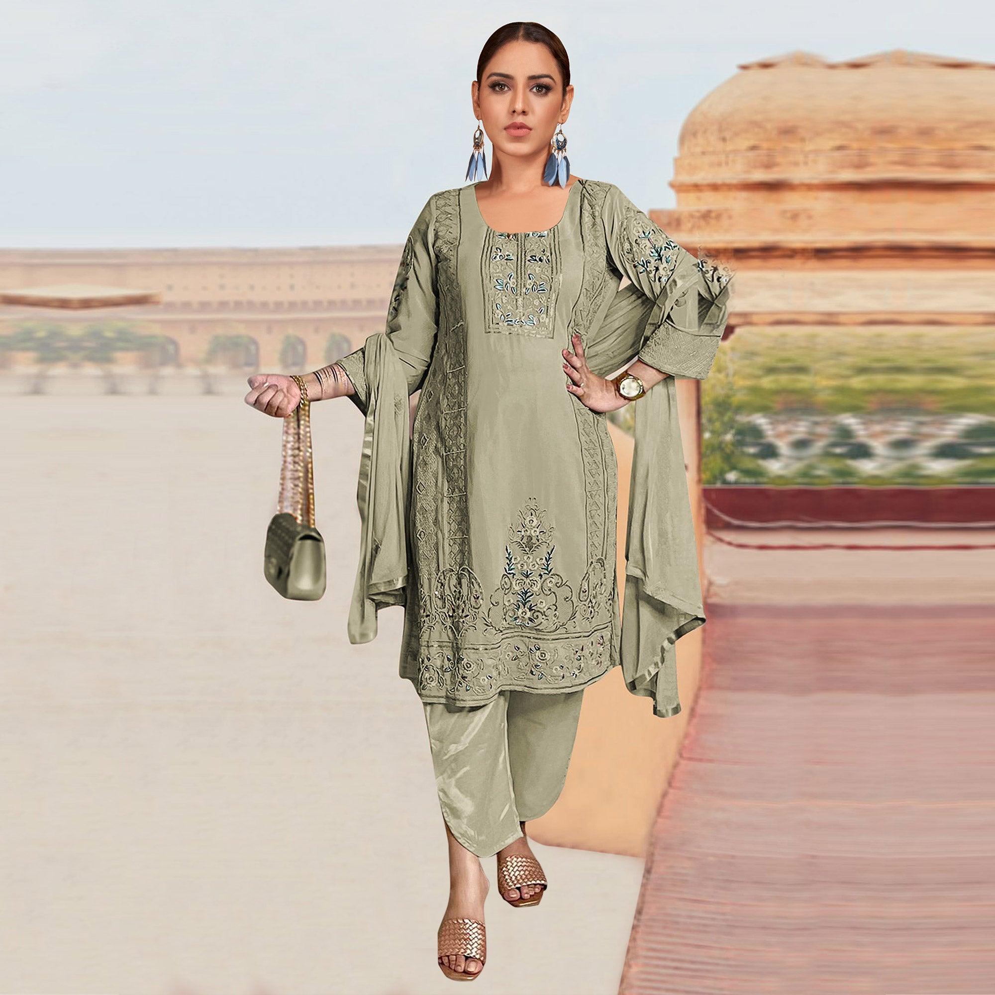 Light Green Embroidered Georgette Pakistani Suit - Peachmode