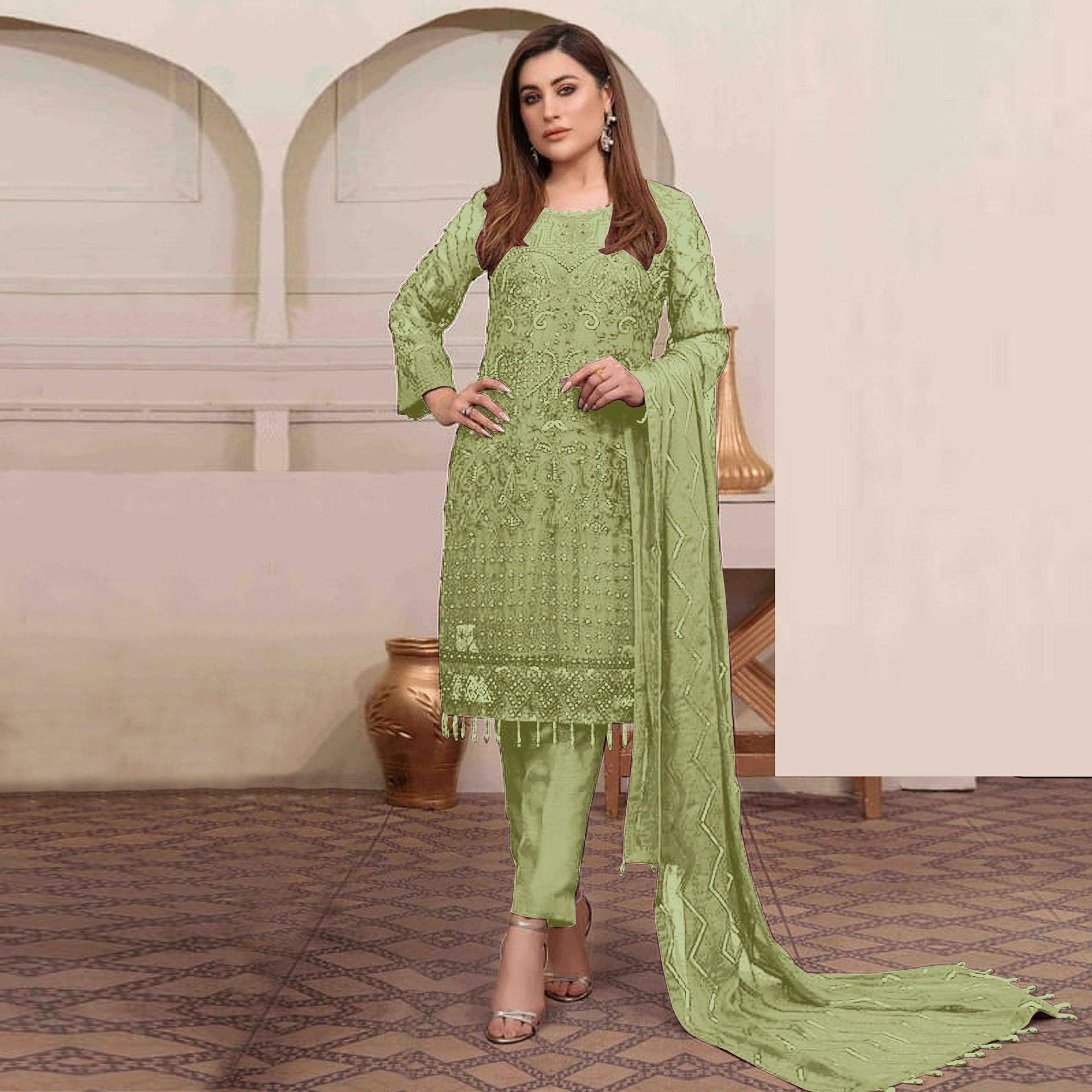 Light Green Embroidered Georgette Pakistani Suit - Peachmode