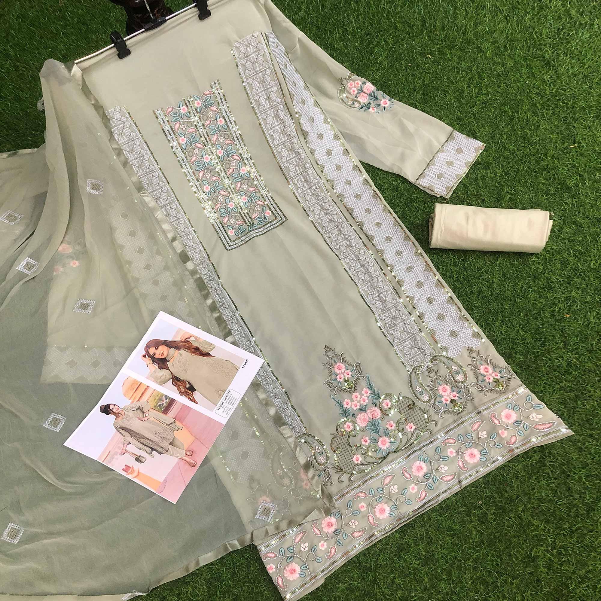 Light Green Embroidered Georgette Pakistani Suit - Peachmode