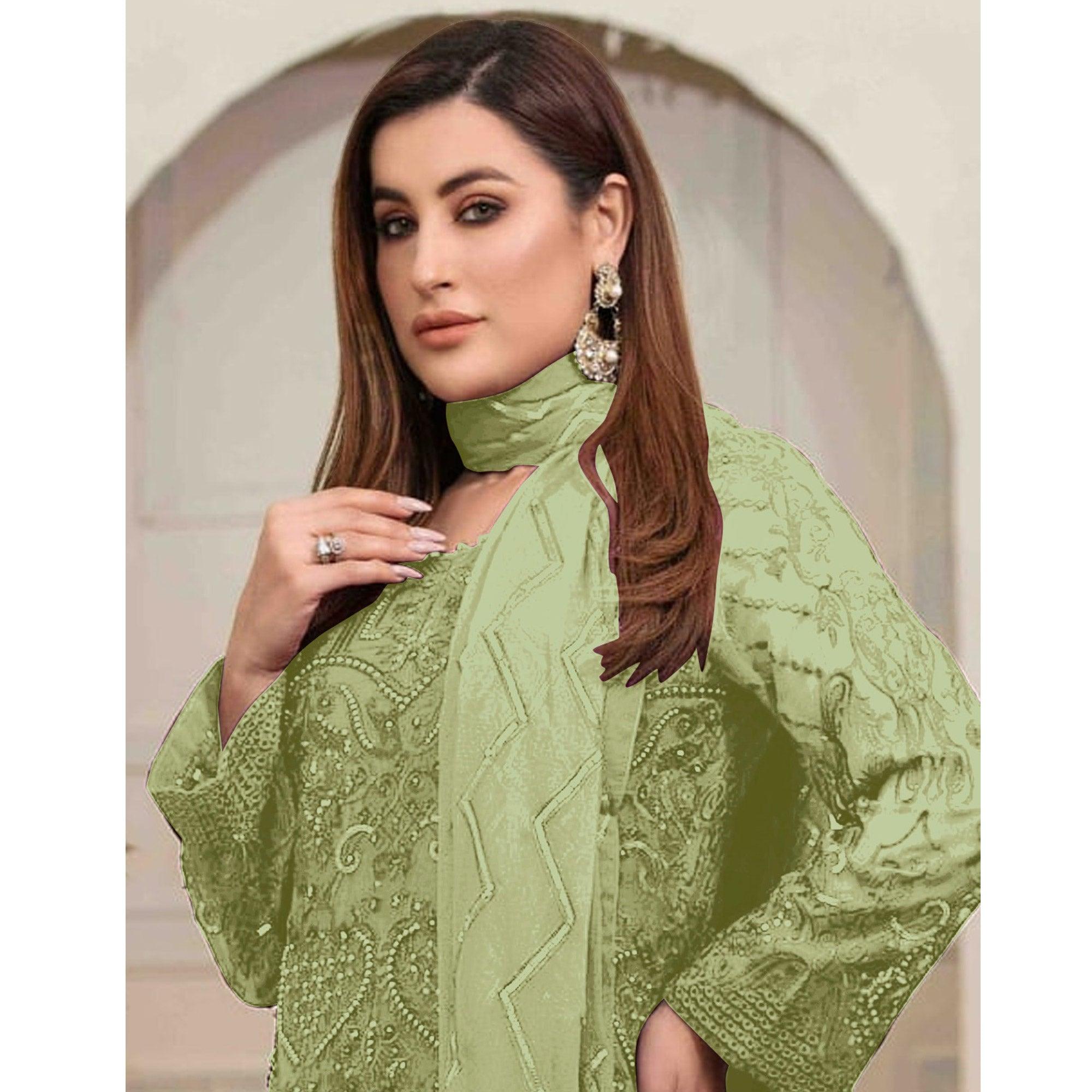 Light Green Embroidered Georgette Pakistani Suit - Peachmode