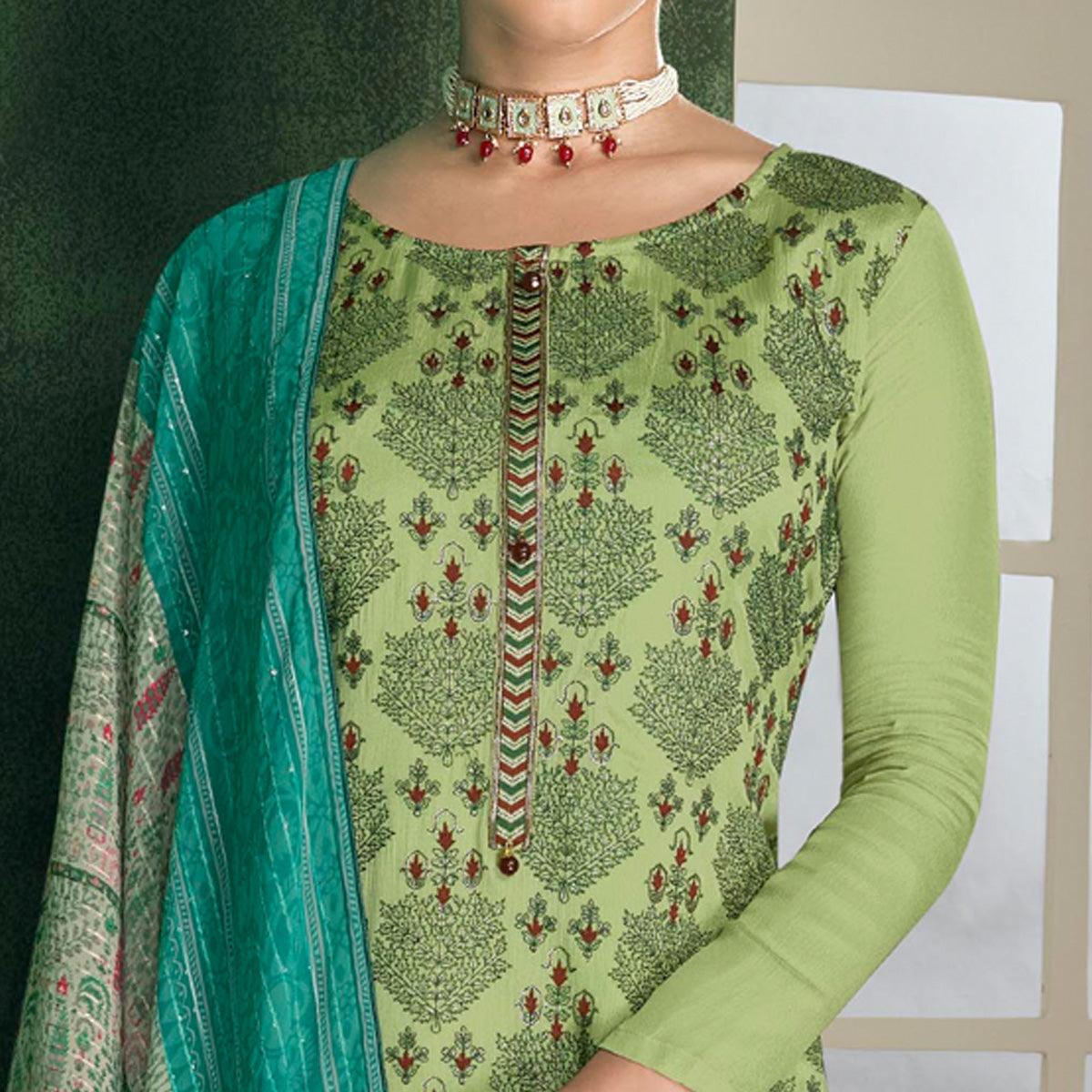 Light Green Embroidered Heavy Faux Georgette Partywear Suit - Peachmode