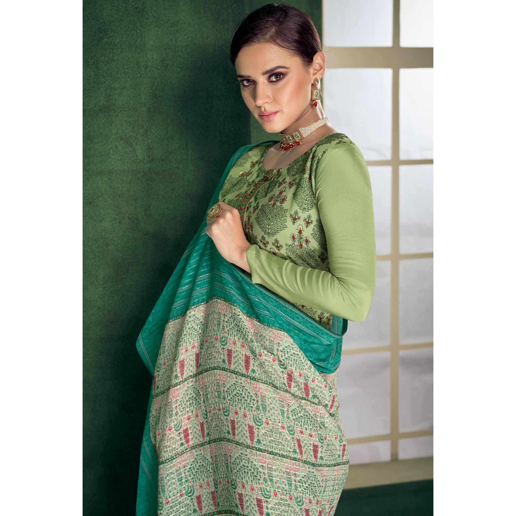 Light Green Embroidered Heavy Faux Georgette Partywear Suit - Peachmode