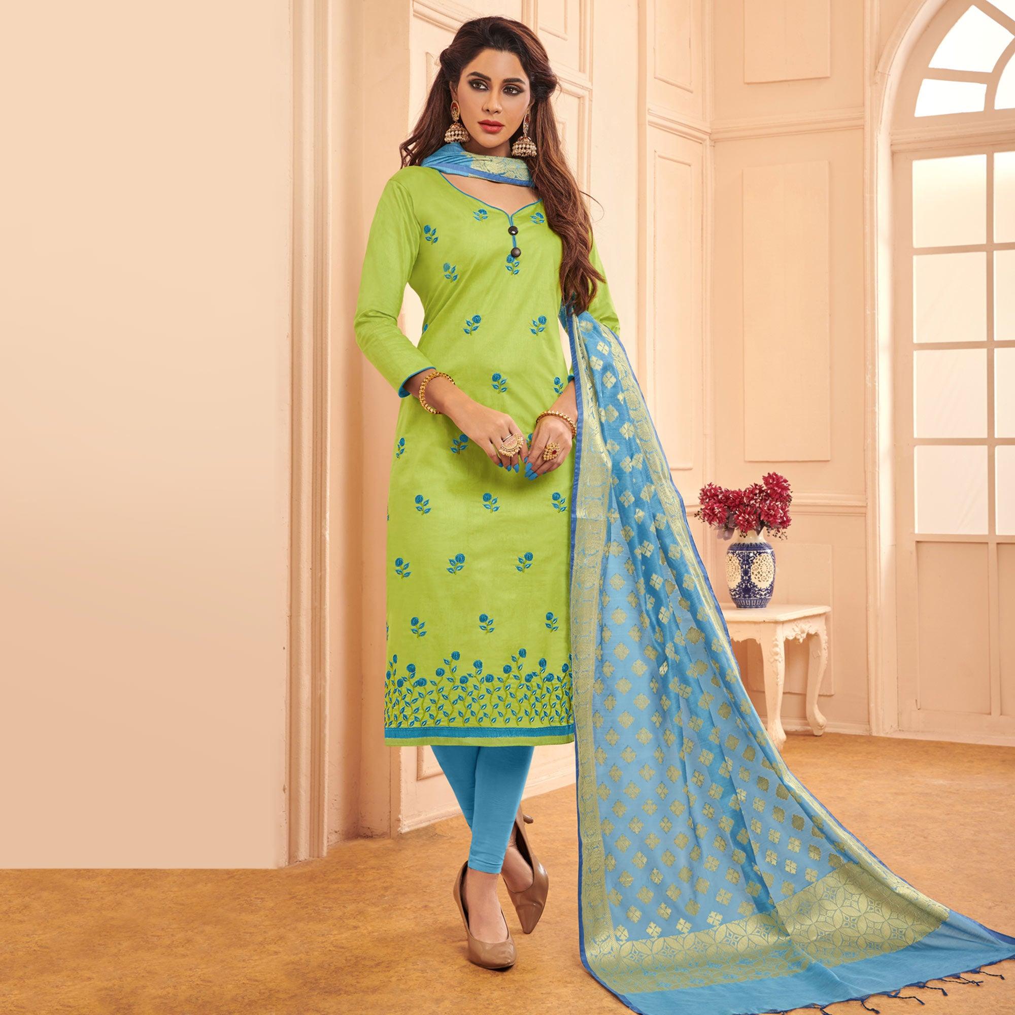 Light Green Embroidered Pure Cotton Dress Material - Peachmode