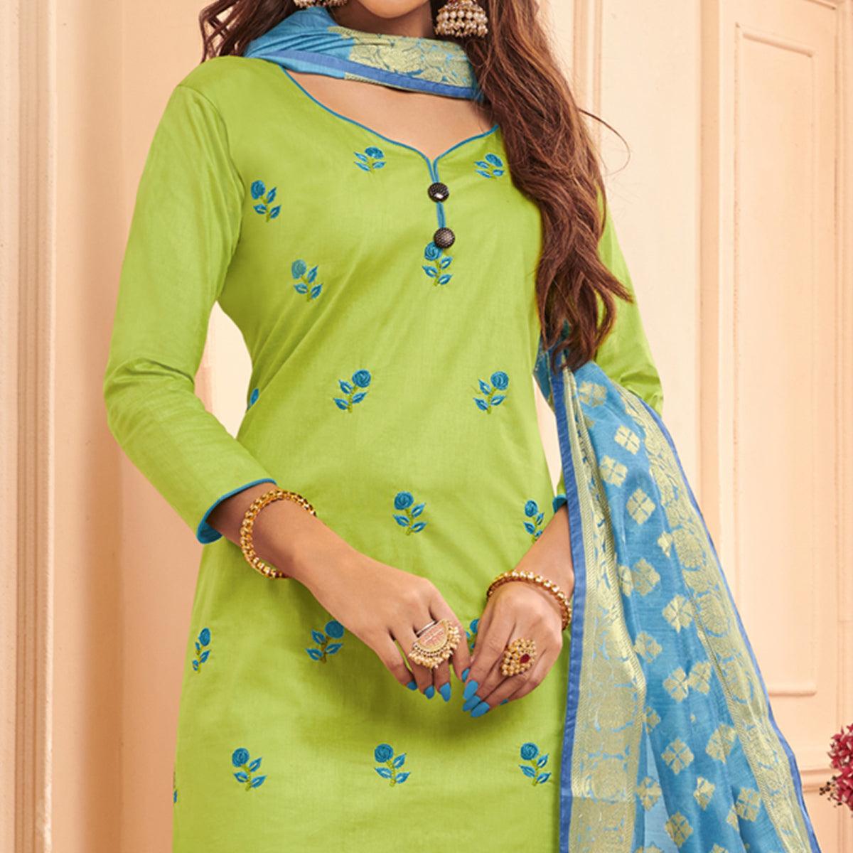 Light Green Embroidered Pure Cotton Dress Material - Peachmode