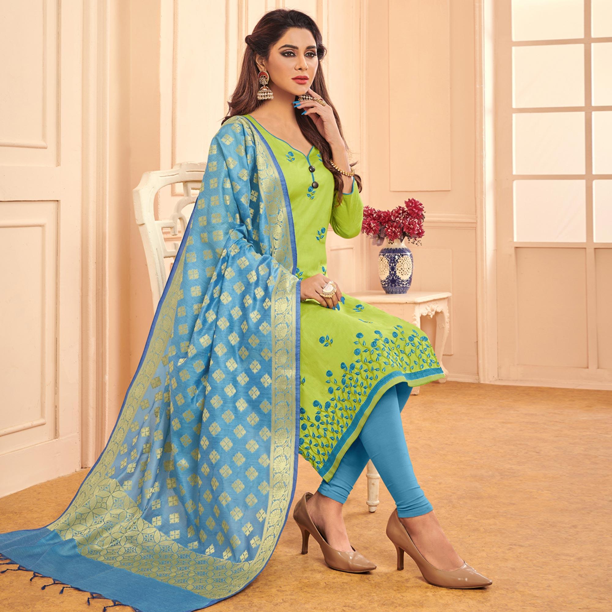 Light Green Embroidered Pure Cotton Dress Material - Peachmode