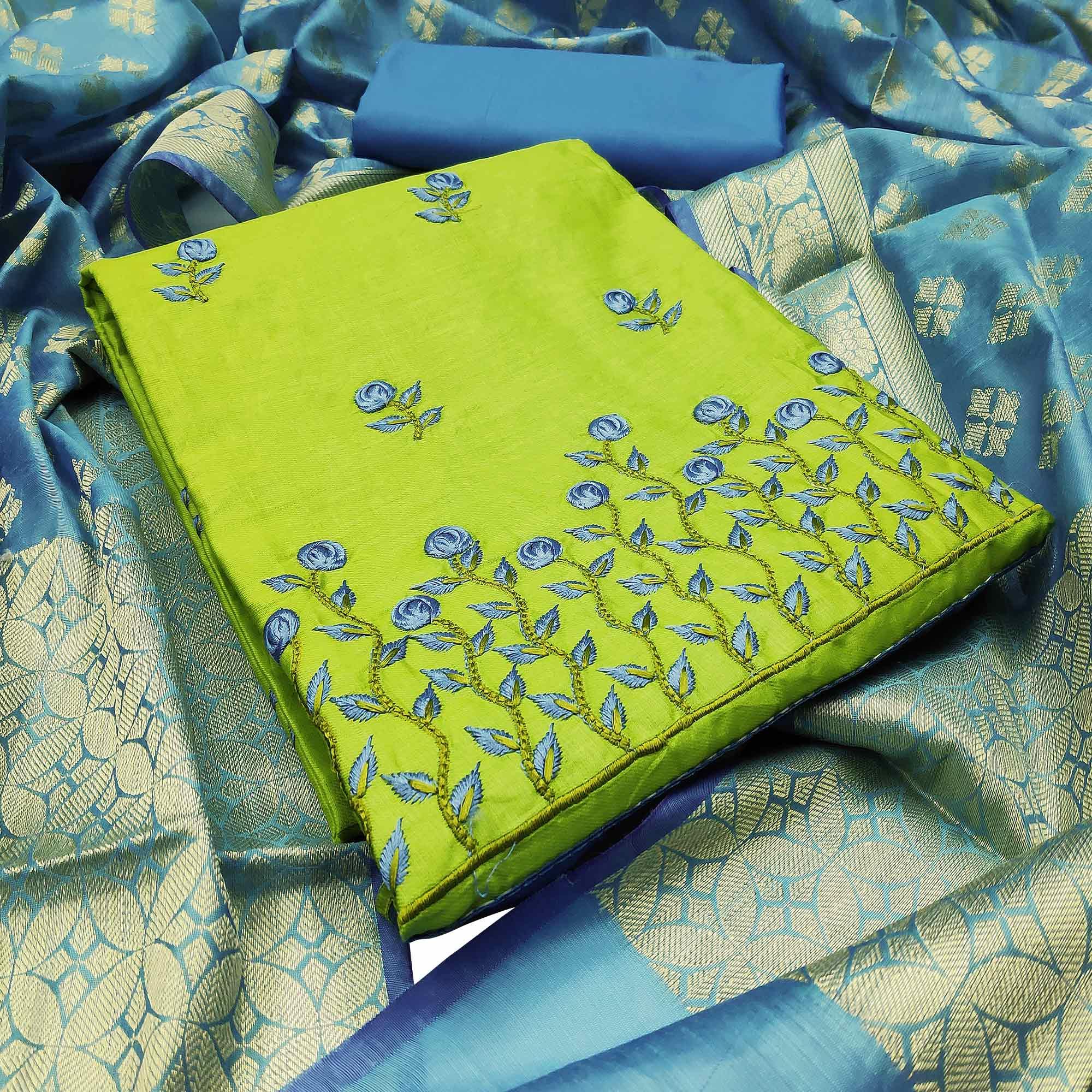 Light Green Embroidered Pure Cotton Dress Material - Peachmode