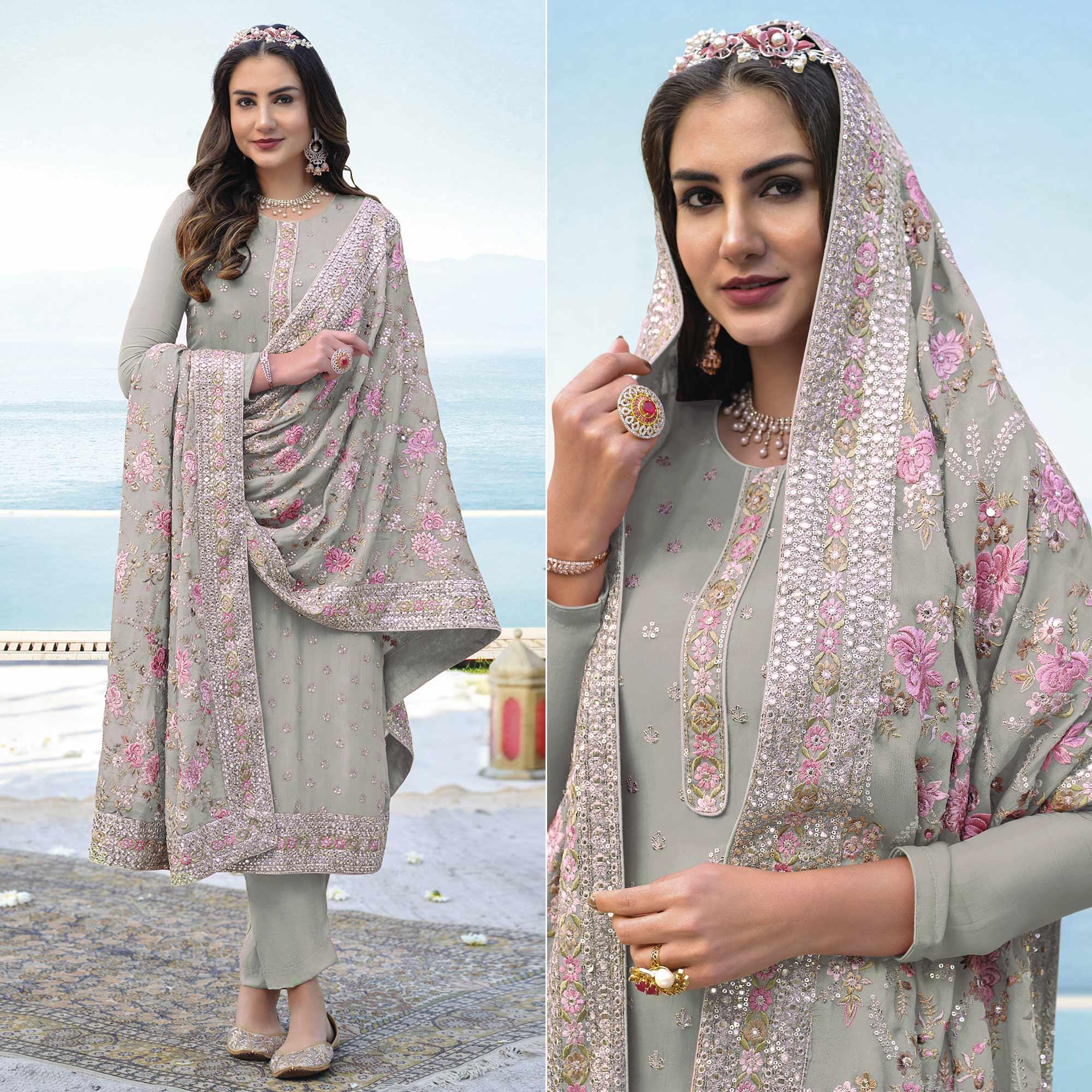 Light Green Embroidered With Embellished Georgette Salwar Suit - Peachmode
