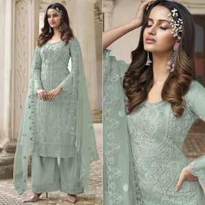 Light Green Embroidered With Embellished Net Palazzo Suit - Peachmode