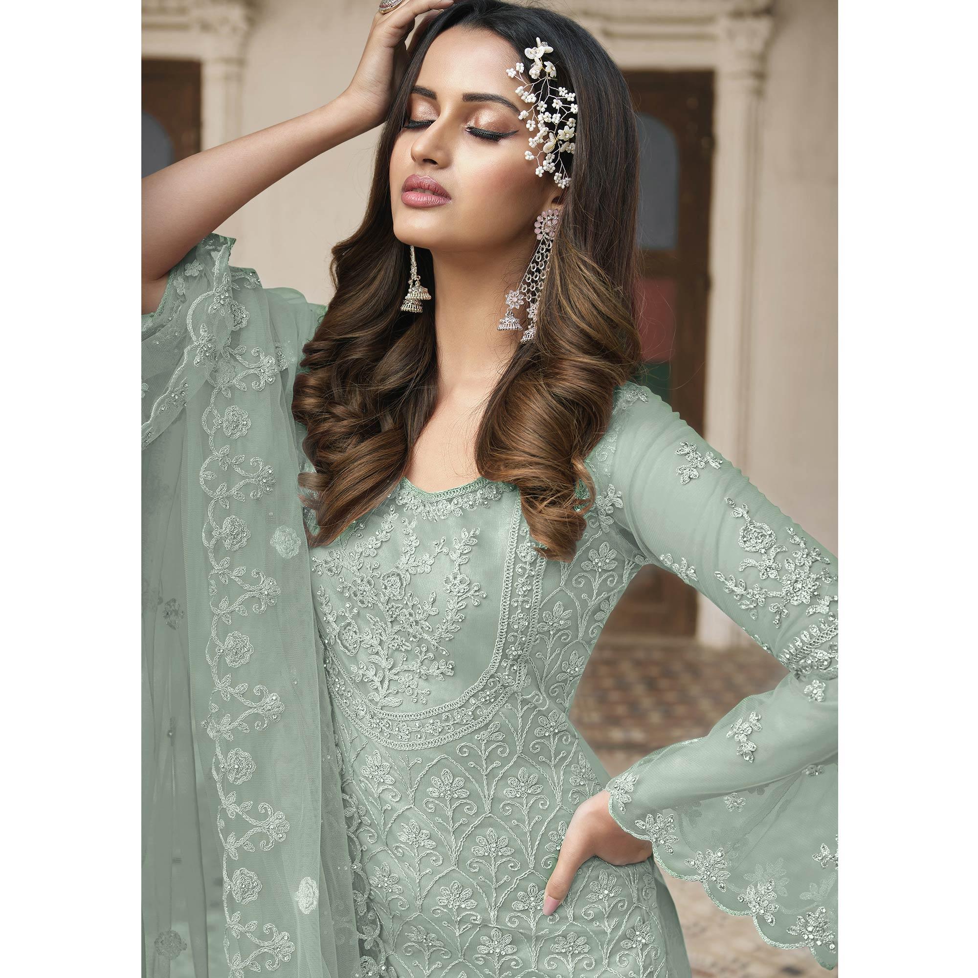 Light Green Embroidered With Embellished Net Palazzo Suit - Peachmode