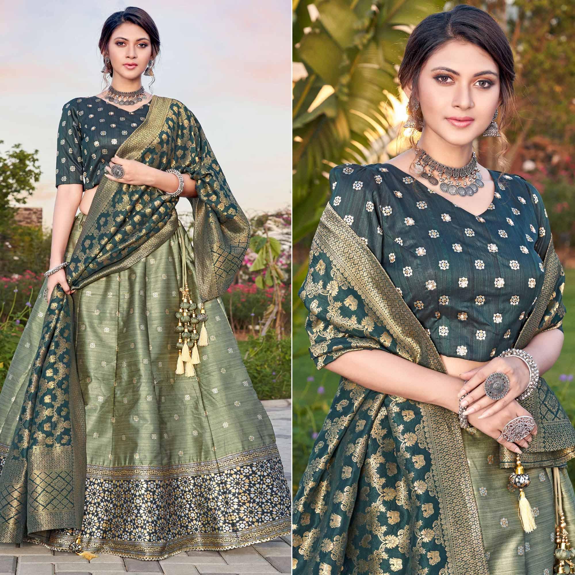 Light Green Embroidery With Woven Silk Lehenga Choli - Peachmode