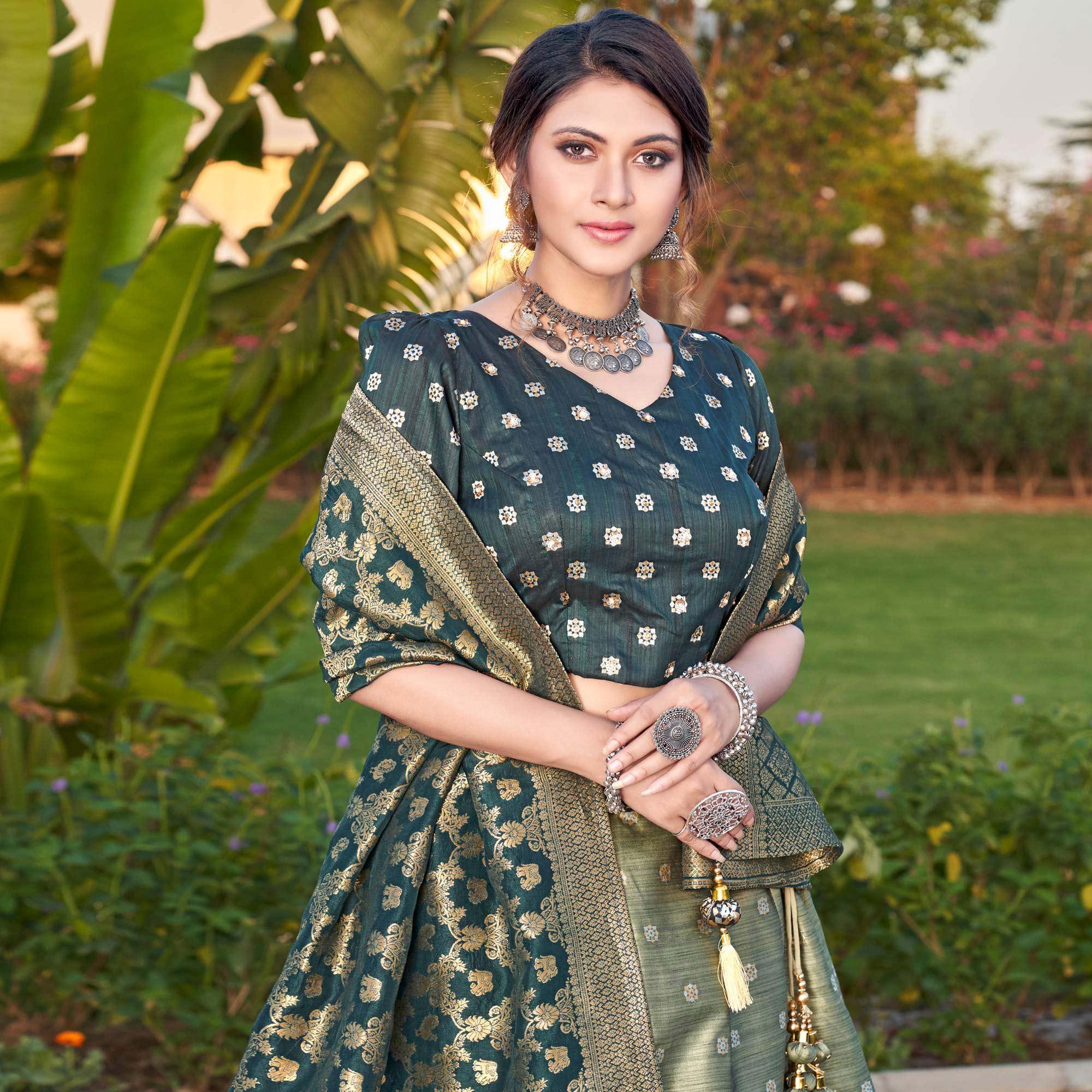 Light Green Embroidery With Woven Silk Lehenga Choli - Peachmode