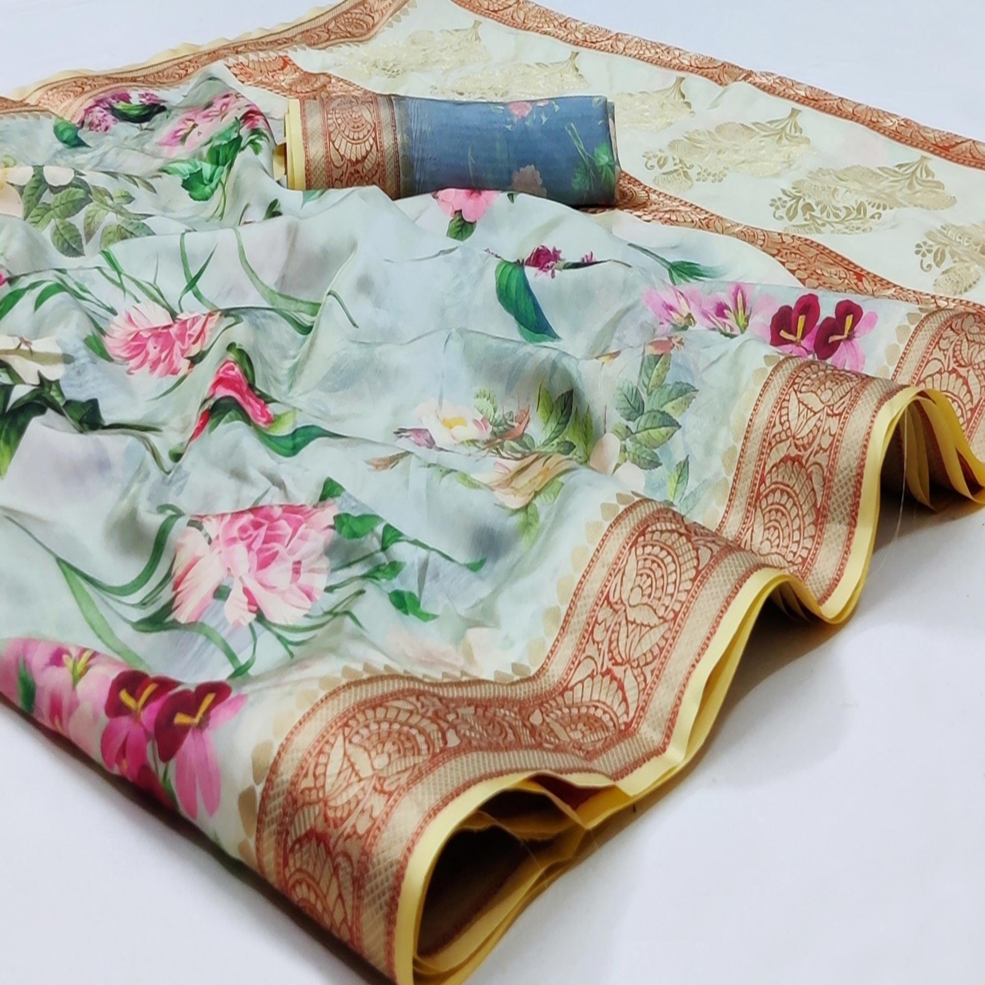 Light Green Festive Wear Digital Printed Soft Silk Saree With Jacquard Border - Peachmode