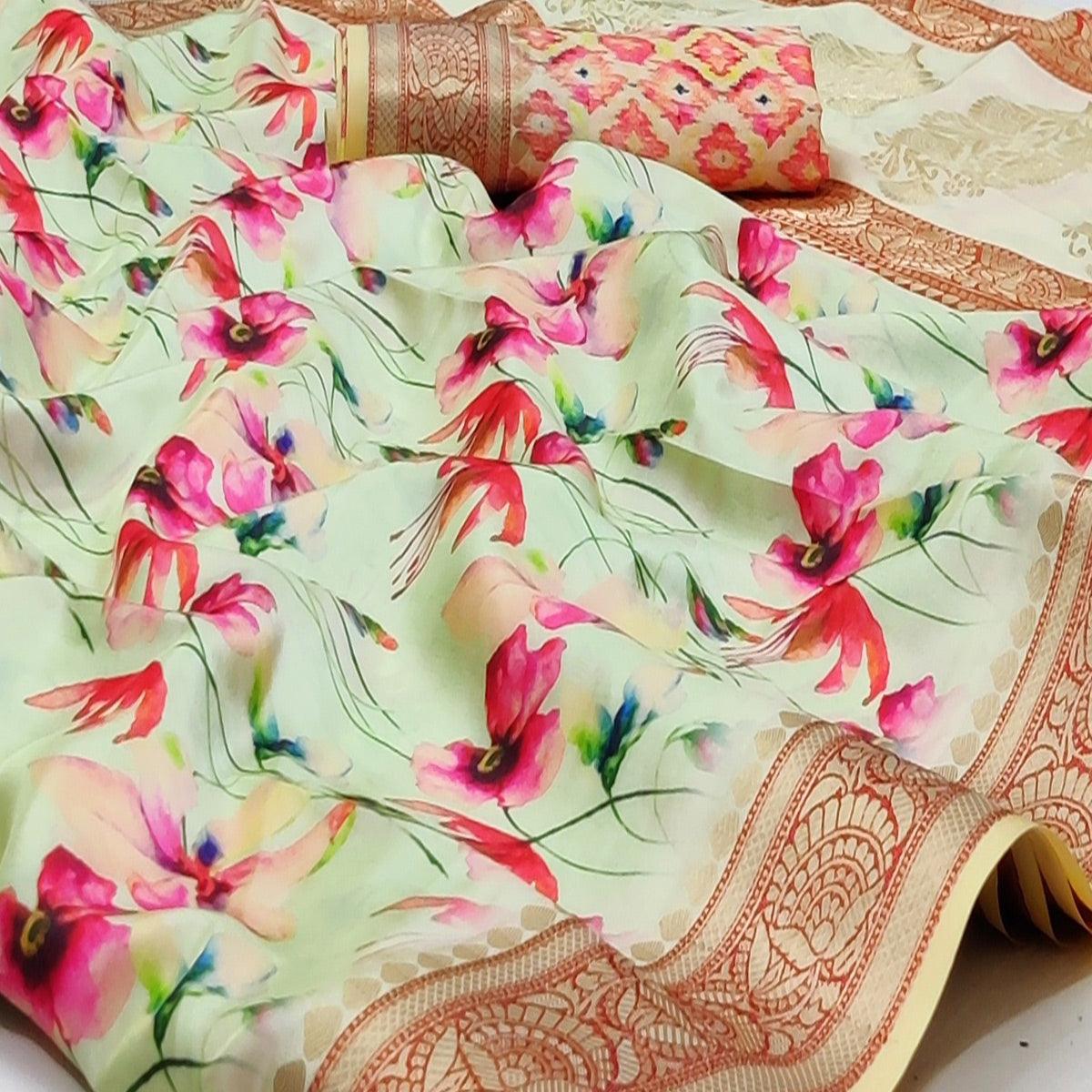 Light Green Festive Wear Digital Printed Soft Silk Saree With Jacquard Border - Peachmode