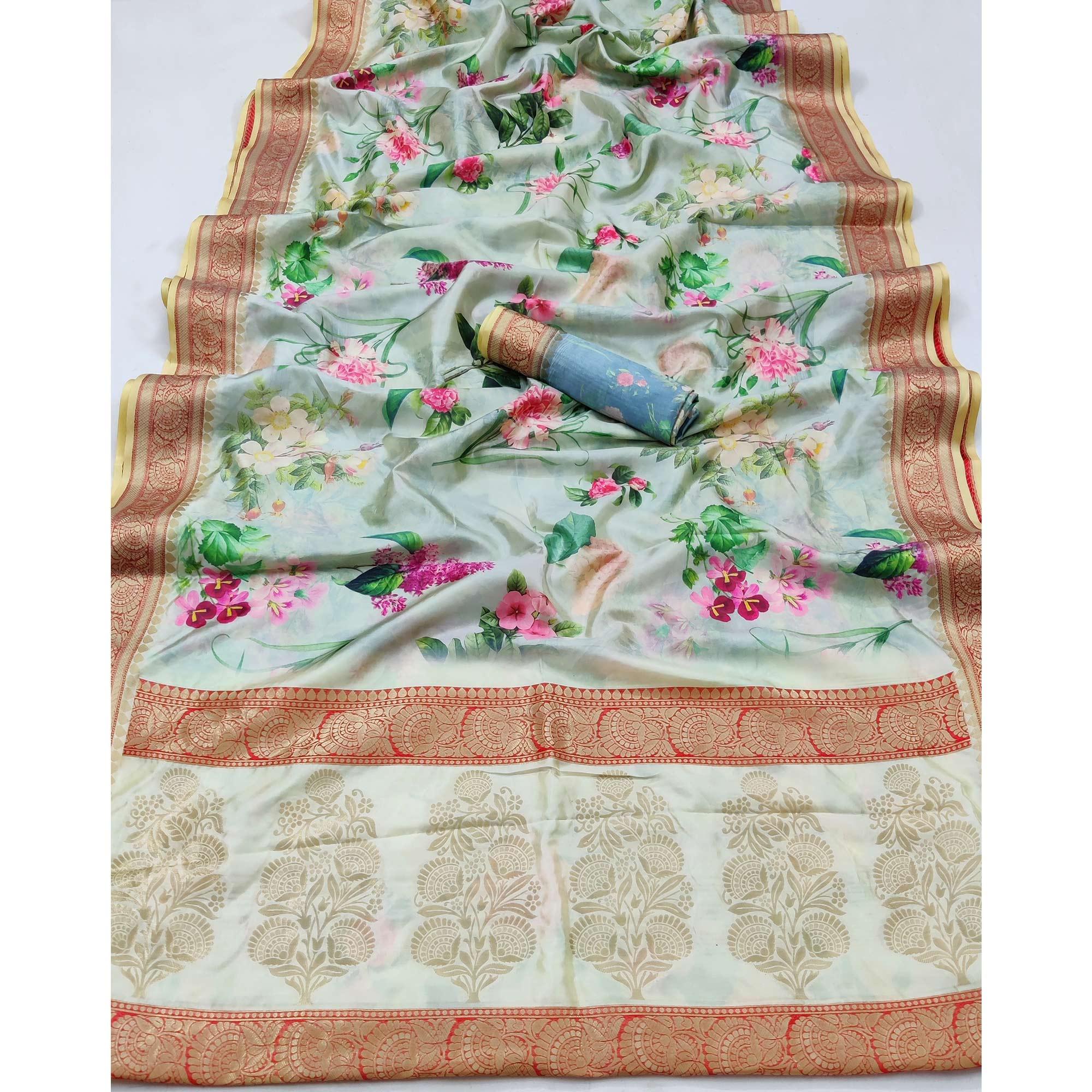 Light Green Festive Wear Digital Printed Soft Silk Saree With Jacquard Border - Peachmode