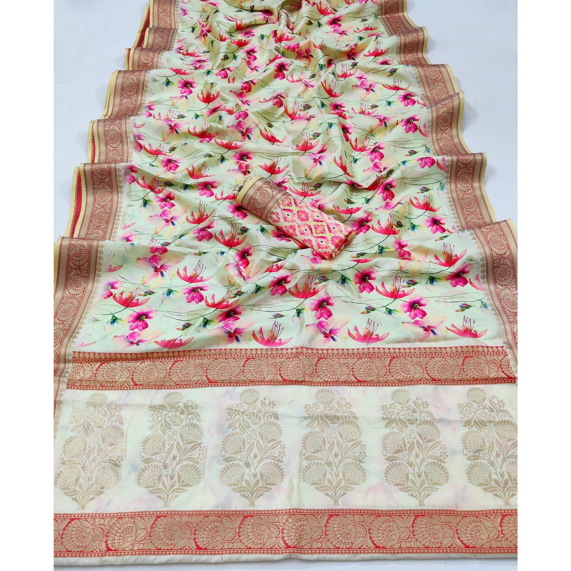 Light Green Festive Wear Digital Printed Soft Silk Saree With Jacquard Border - Peachmode