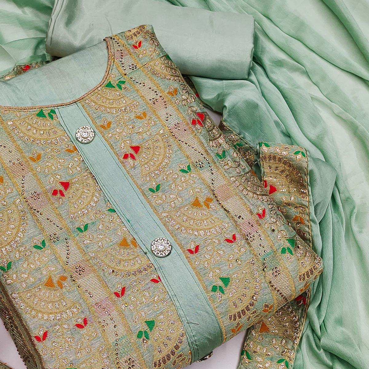 Light Green Festive Wear Embroidered Tapetta Dress Material - Peachmode