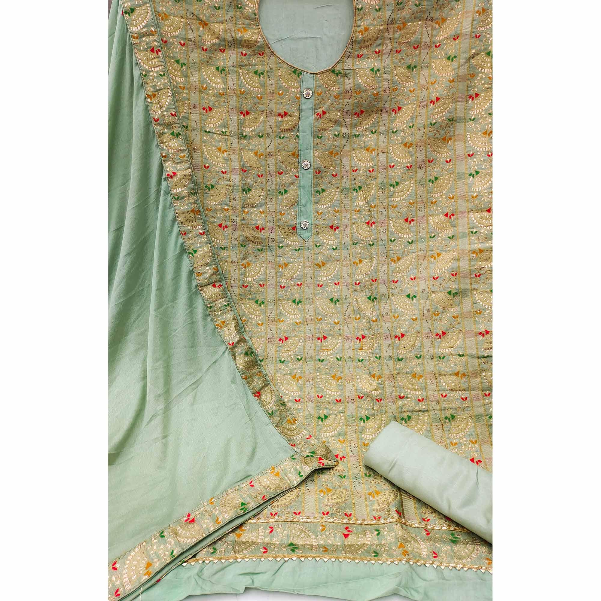Light Green Festive Wear Embroidered Tapetta Dress Material - Peachmode