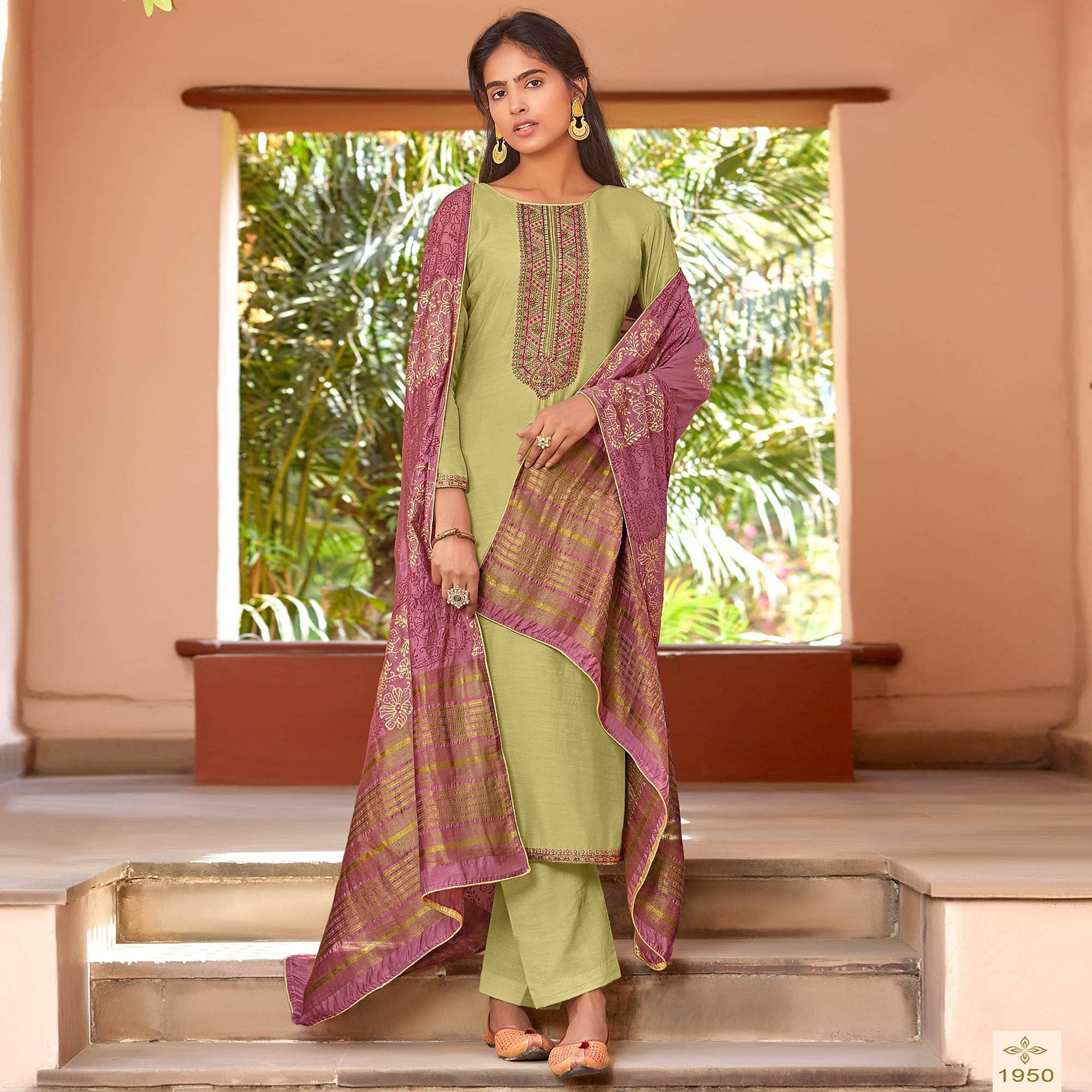 Light Green Festive Wear Embroidered Viscose Cotton Silk Salwar Suit - Peachmode