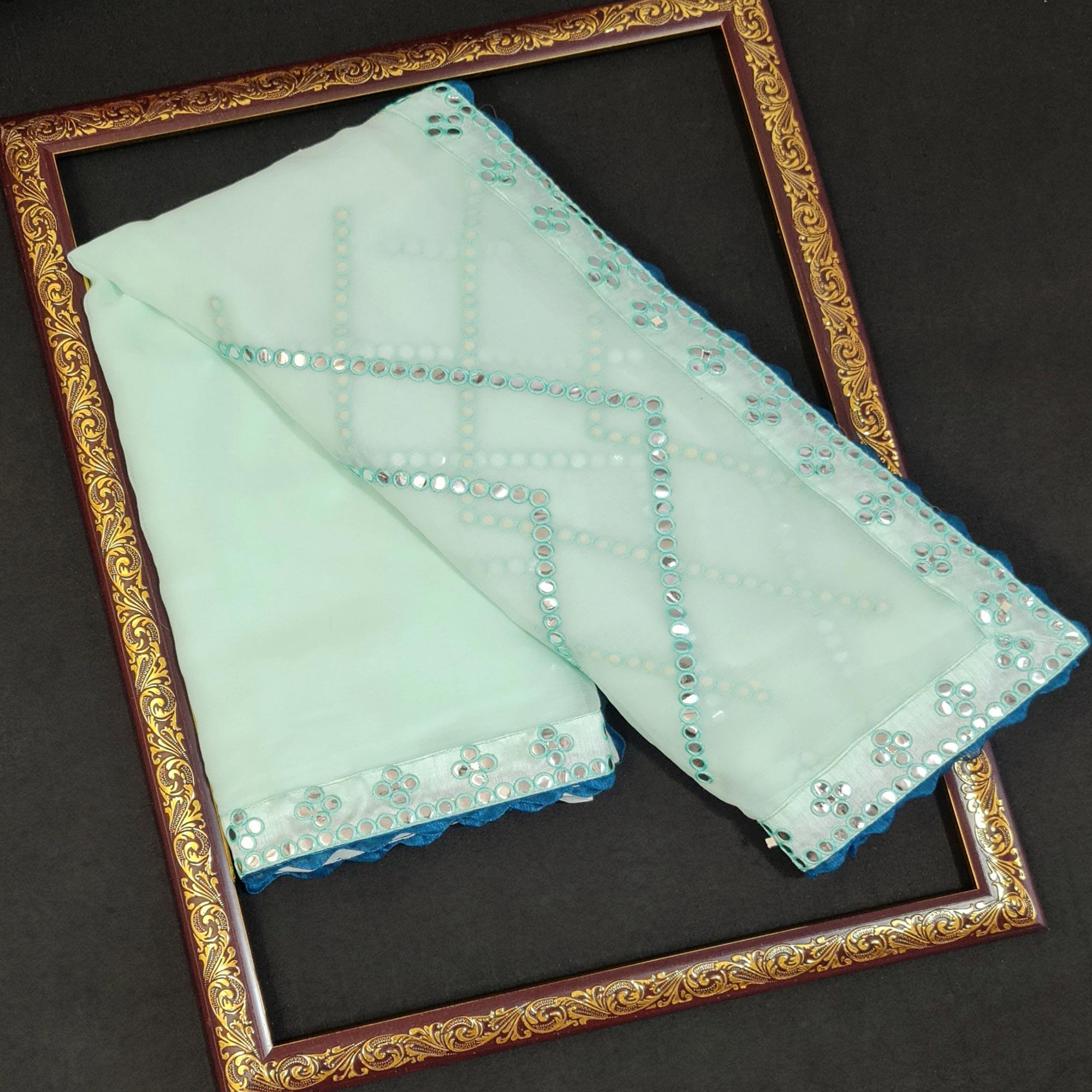Light Green Festive Wear Mirron Work Chiffon Saree - Peachmode
