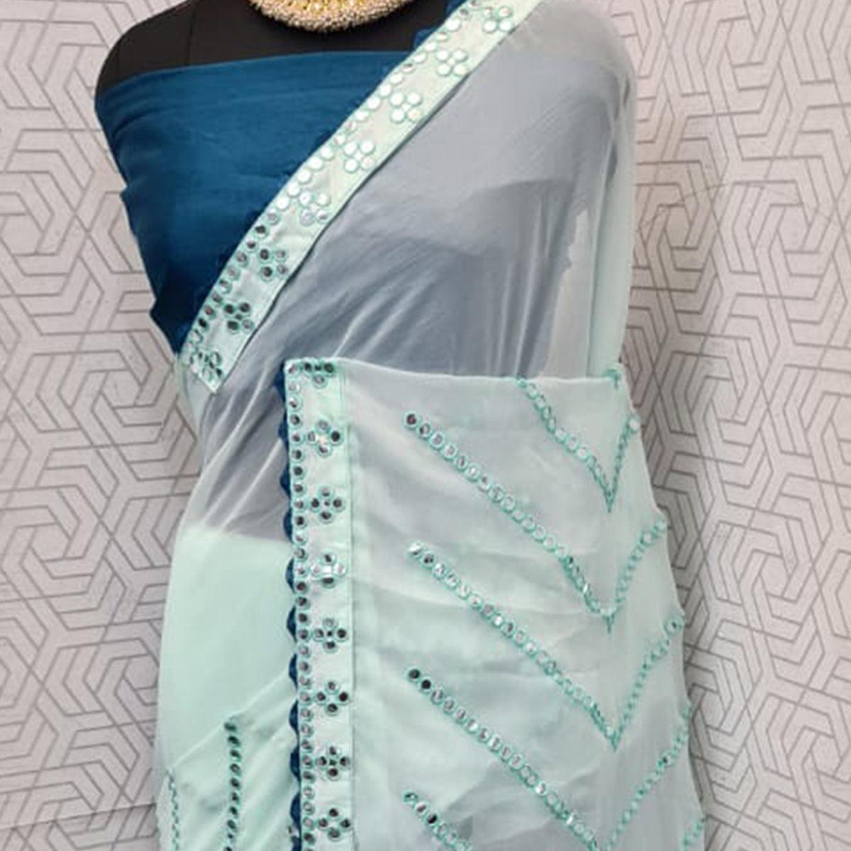 Light Green Festive Wear Mirron Work Chiffon Saree - Peachmode