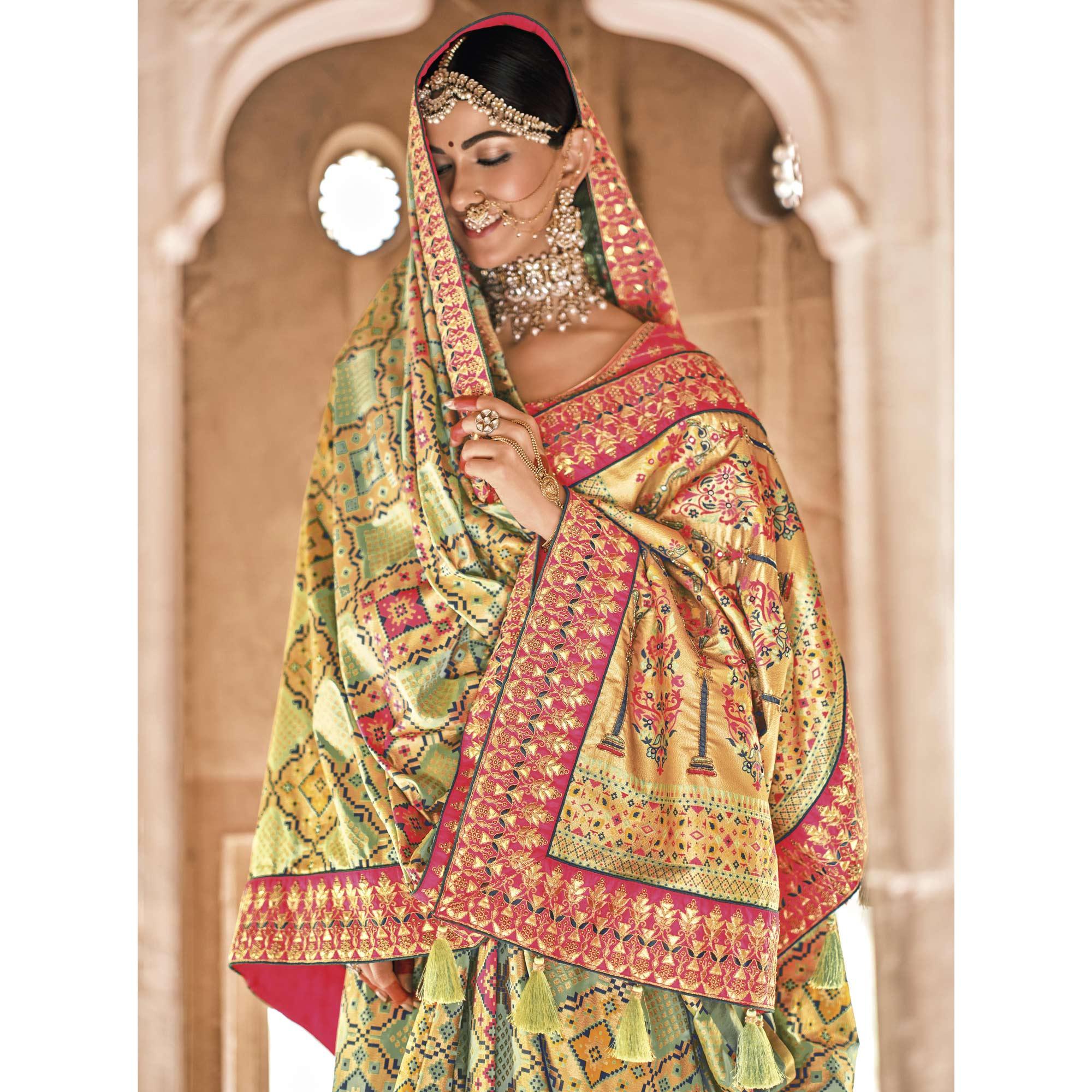 Light Green Festive Wear Plain & Hand Work  Pure Silk Saree - Peachmode