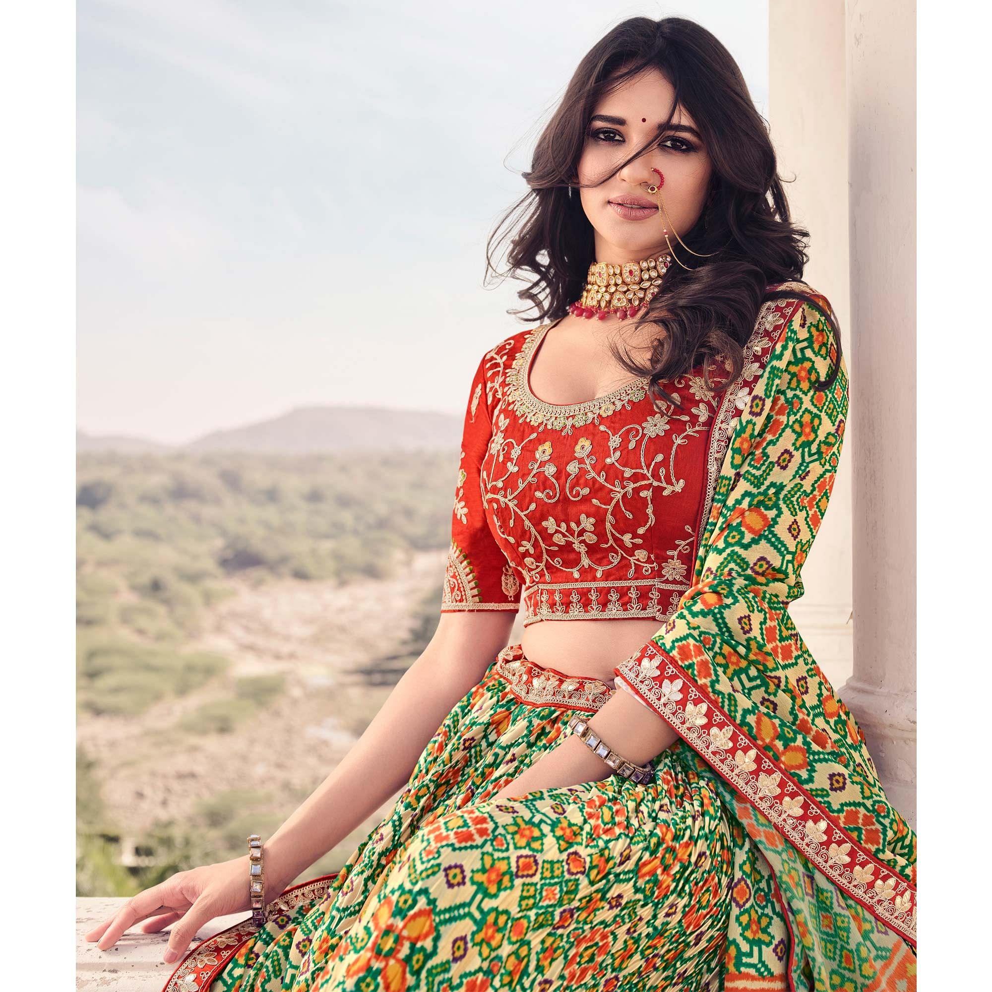 Light Green Festive Wear Satin Digital Geometrical Printed Lehenga Choli - Peachmode