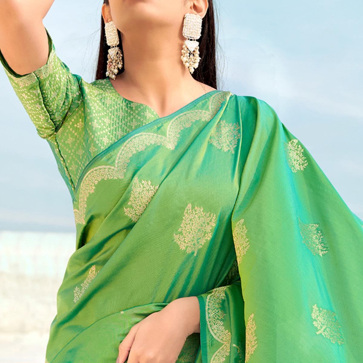 Light Green Festive Wear Woven Banarasi Soft Silk Saree - Peachmode
