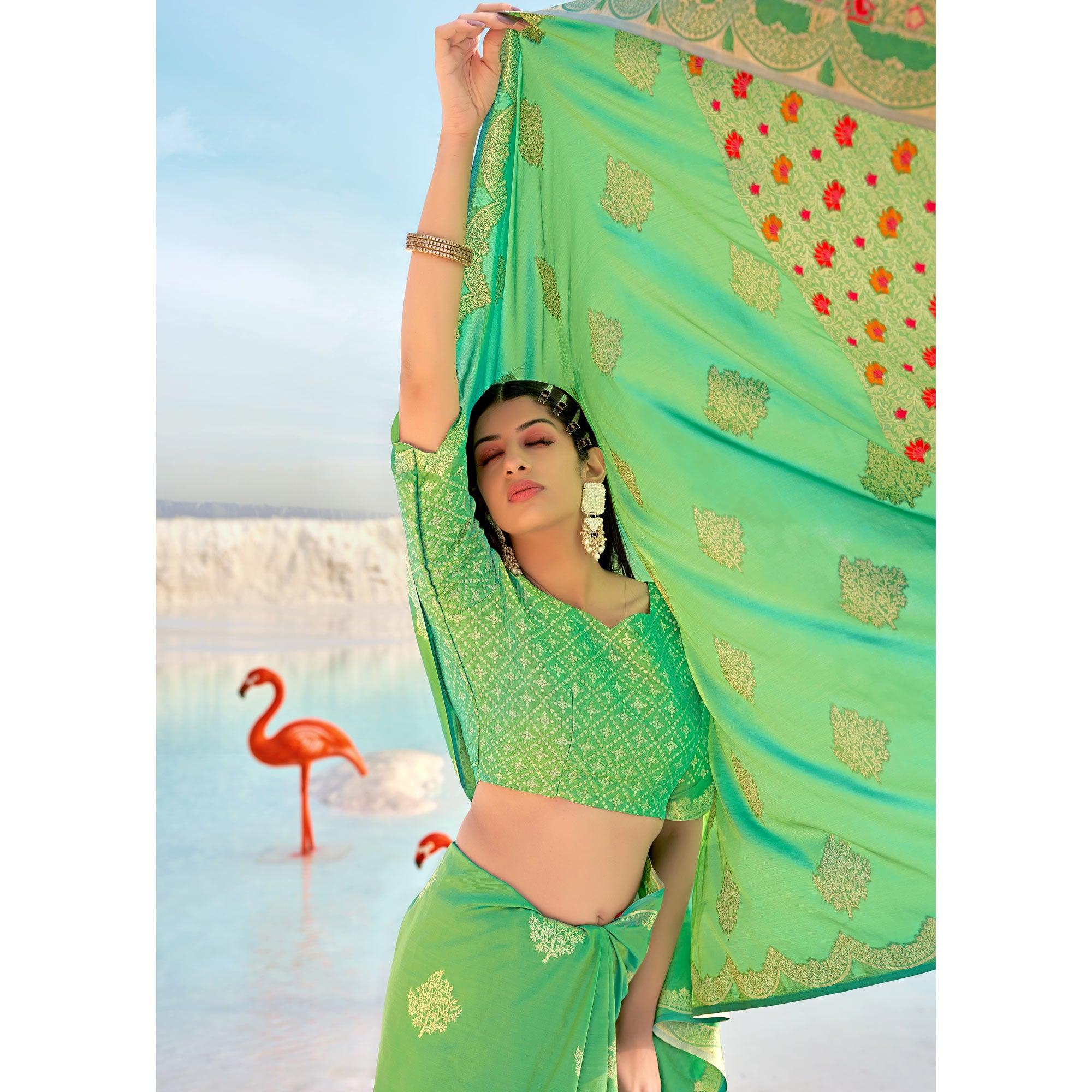 Light Green Festive Wear Woven Banarasi Soft Silk Saree - Peachmode
