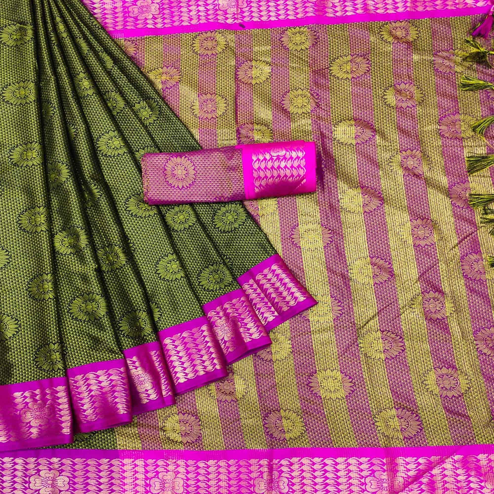 Light Green Festive Wear Woven Cotton Silk Saree - Peachmode