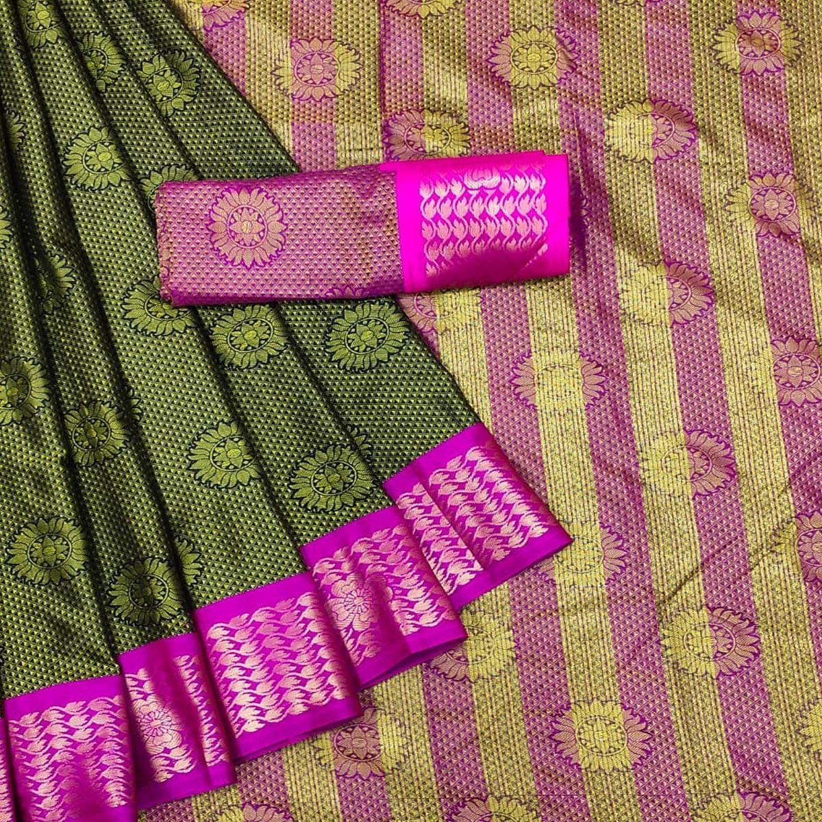 Light Green Festive Wear Woven Cotton Silk Saree - Peachmode
