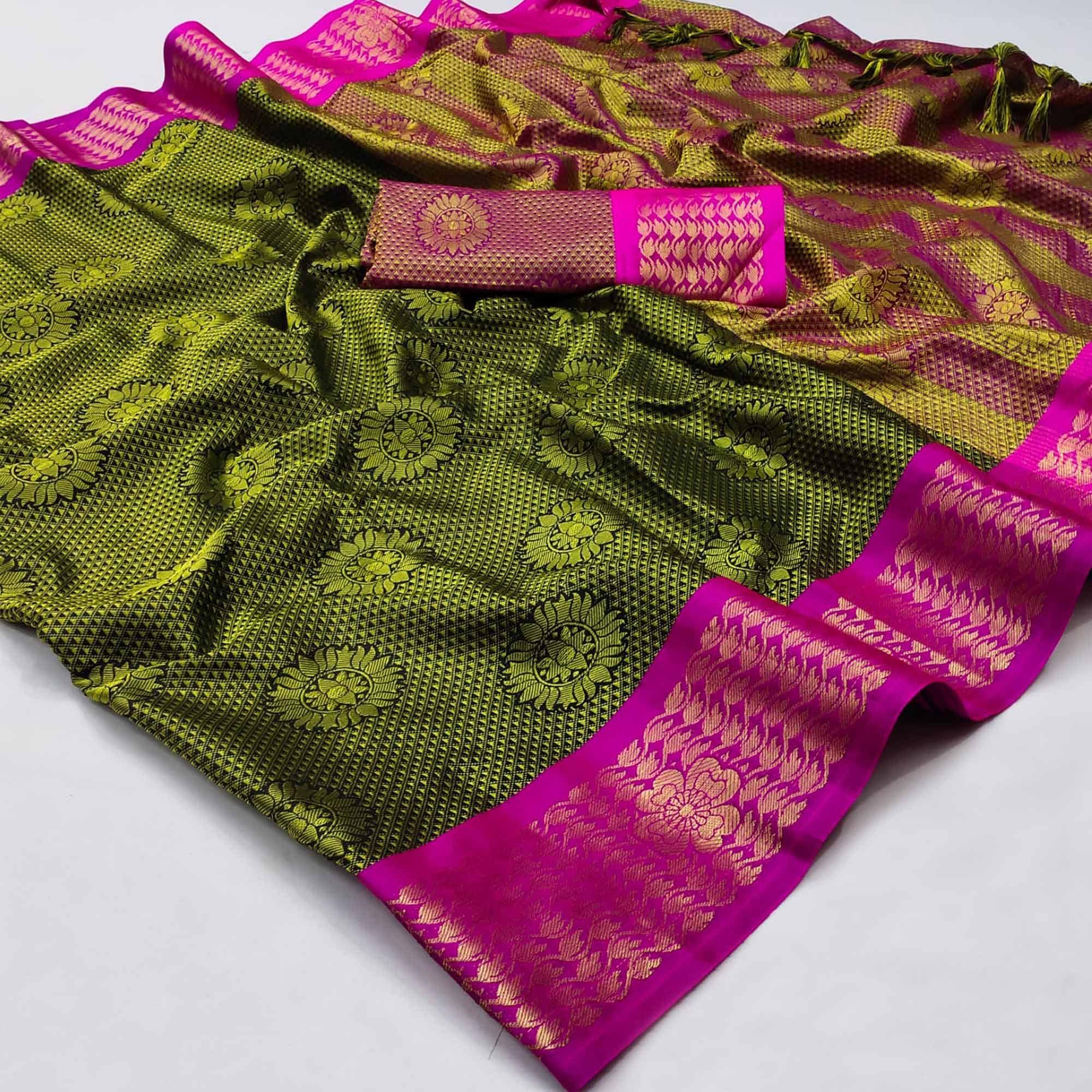 Light Green Festive Wear Woven Cotton Silk Saree - Peachmode
