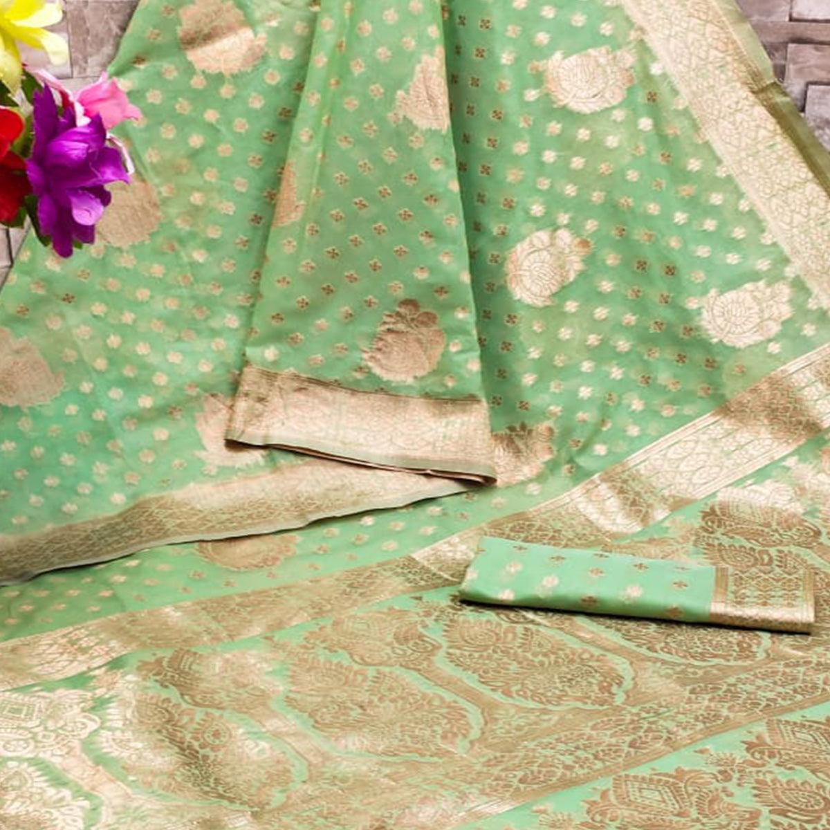Light Green Festive Wear Woven Jacquard Silk Saree - Peachmode