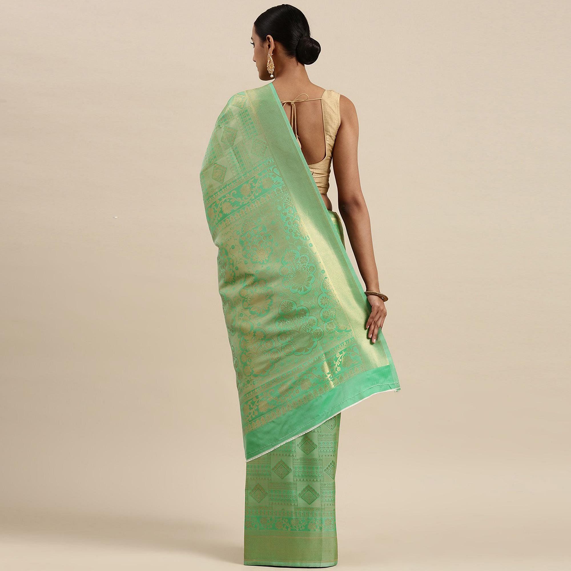 Light Green Festive Wear Woven Kanjivaram Silk Saree - Peachmode