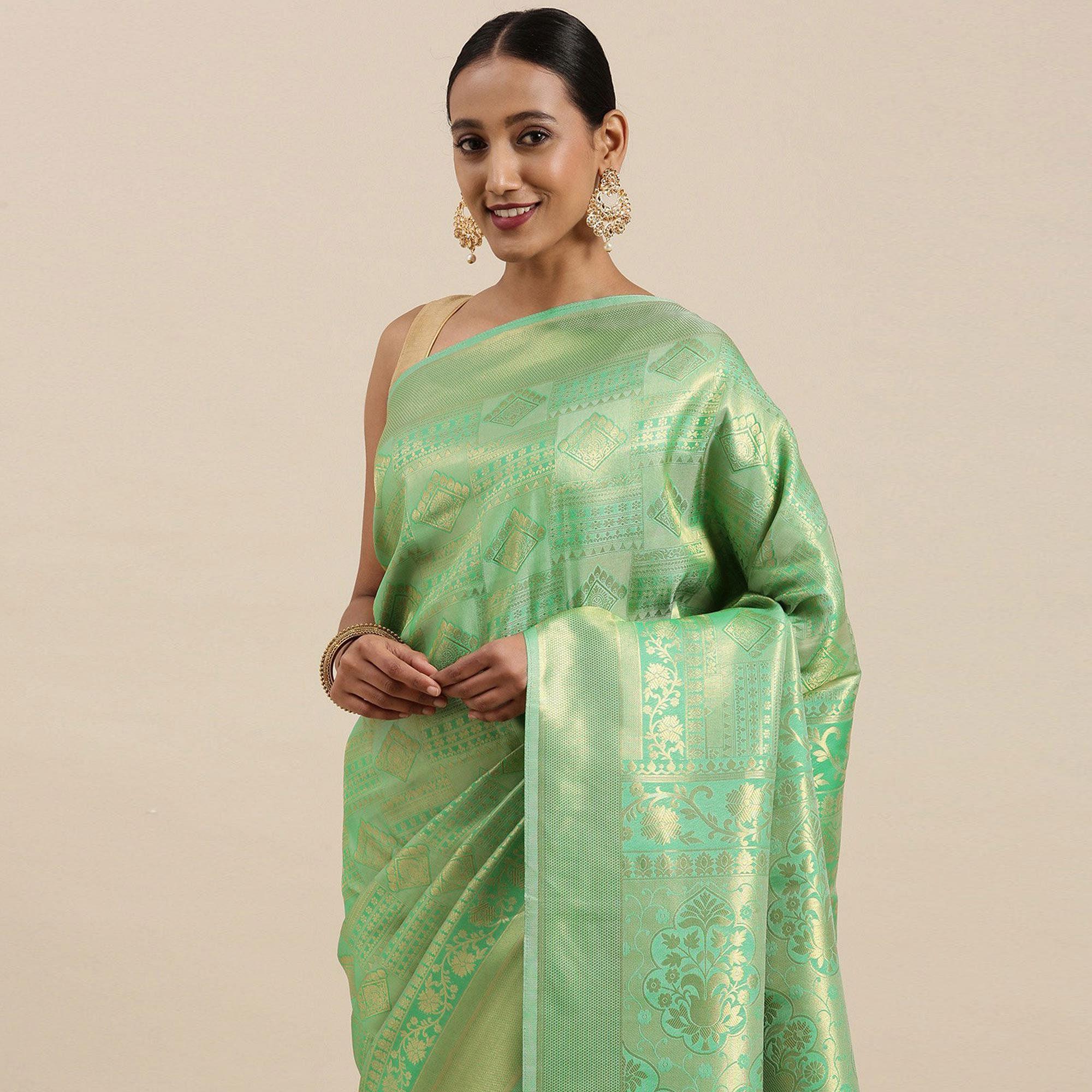 Light Green Festive Wear Woven Kanjivaram Silk Saree - Peachmode